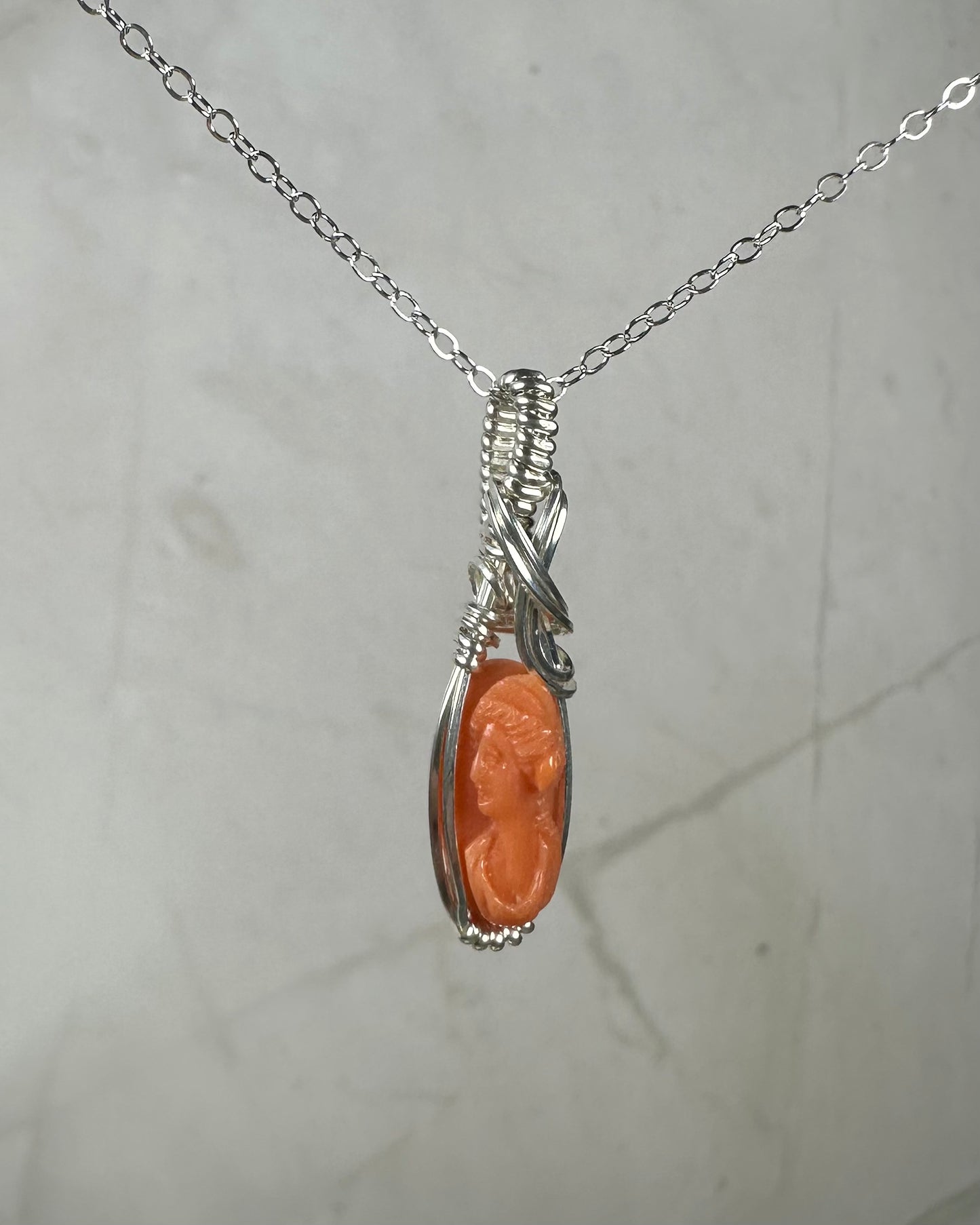 Antique Carved Coral Cameo of Woman Pendant Wire-Wrapped in Sterling Silver