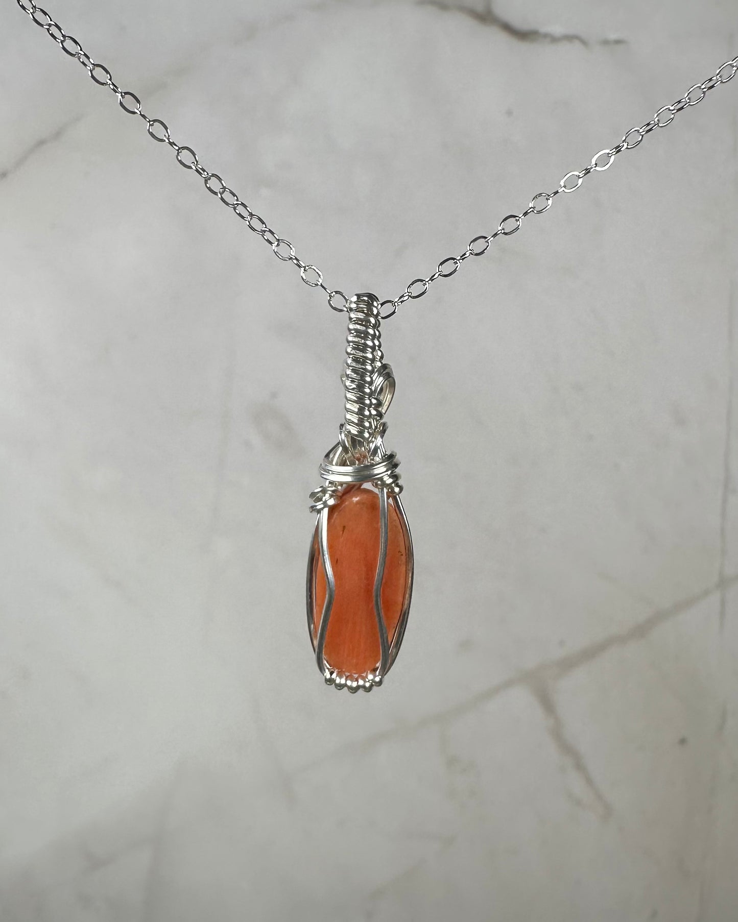 Antique Carved Coral Cameo of Woman Pendant Wire-Wrapped in Sterling Silver