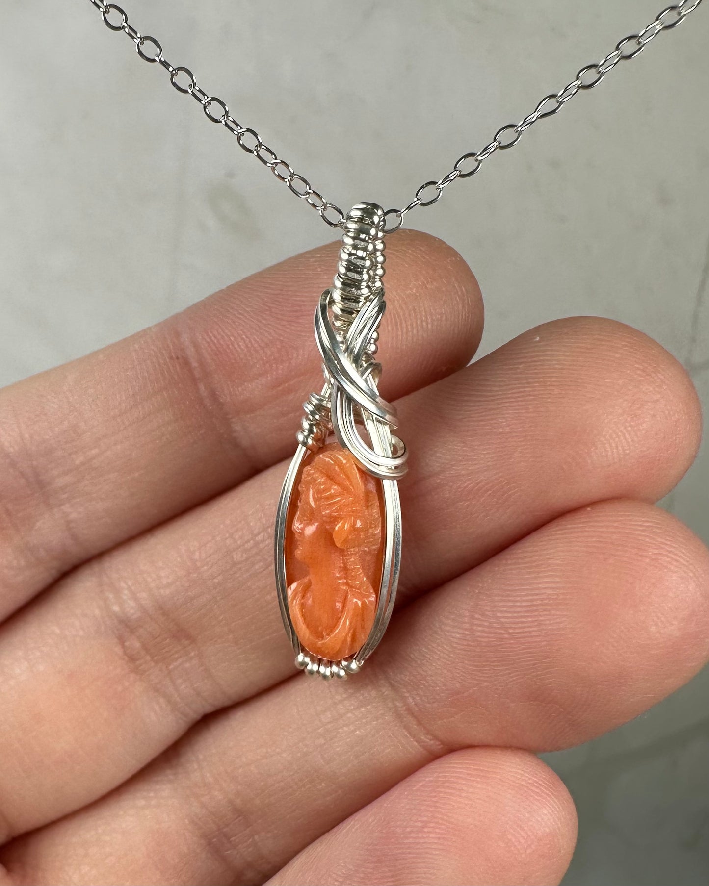 Antique Carved Coral Cameo of Woman Pendant Wire-Wrapped in Sterling Silver