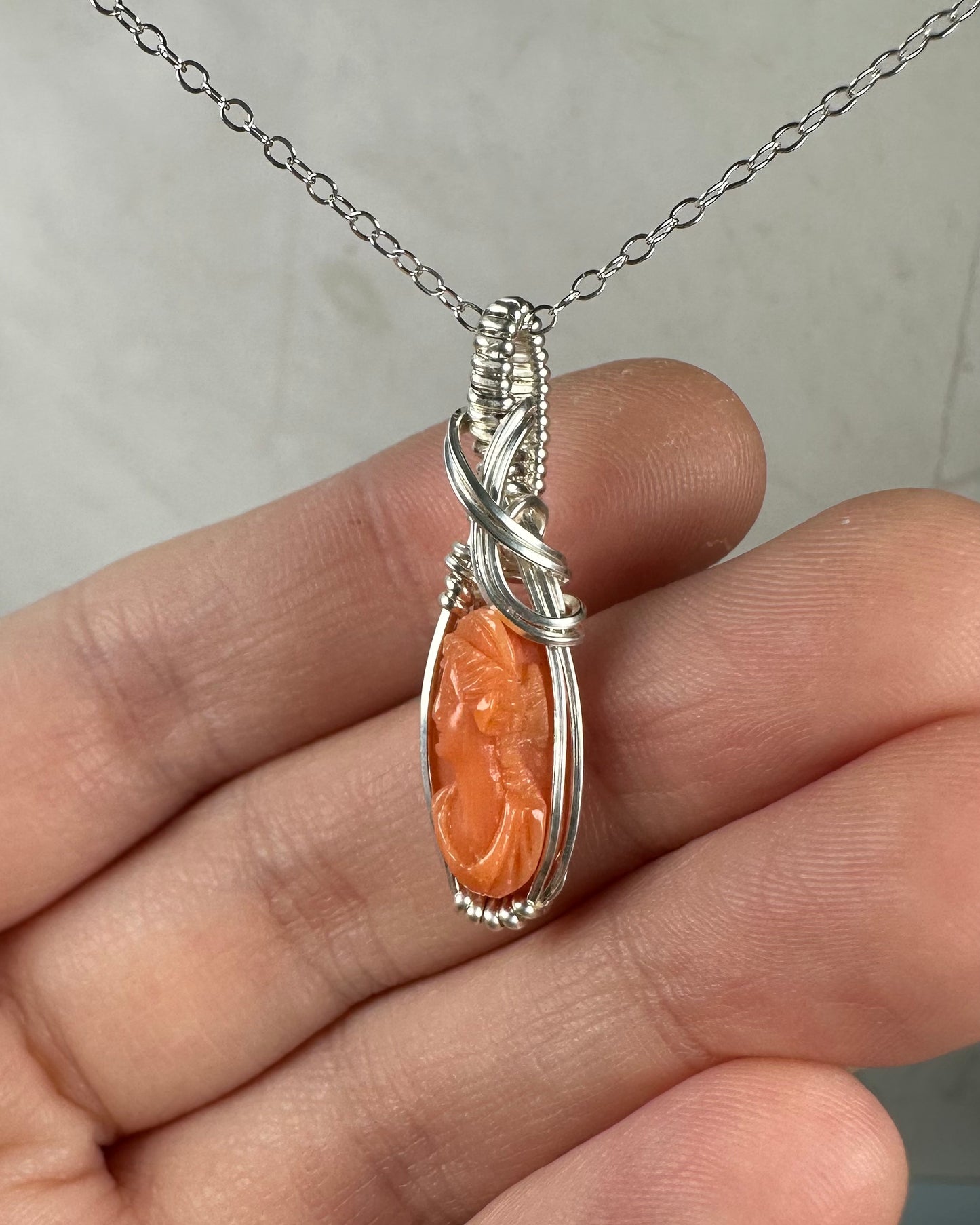 Antique Carved Coral Cameo of Woman Pendant Wire-Wrapped in Sterling Silver