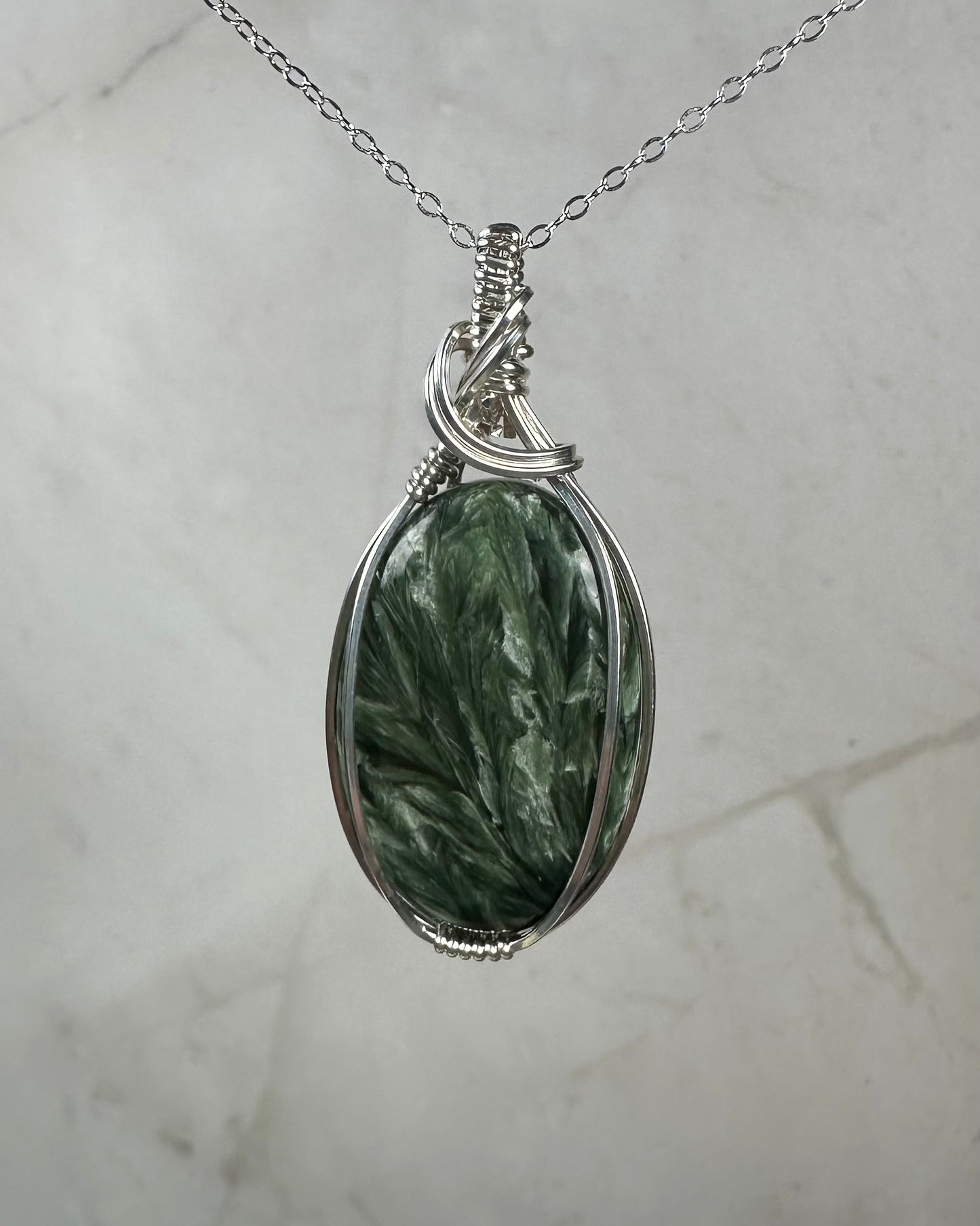 Seraphinite Pendant Wrapped in Sterling Silver Wire