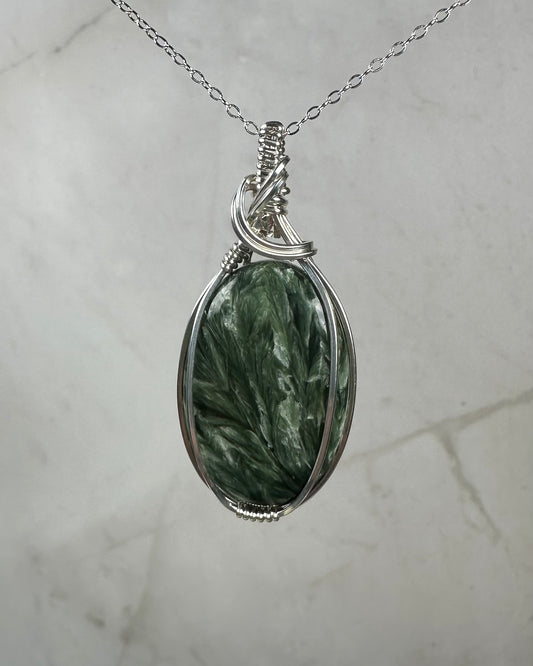Seraphinite Pendant Wrapped in Sterling Silver Wire