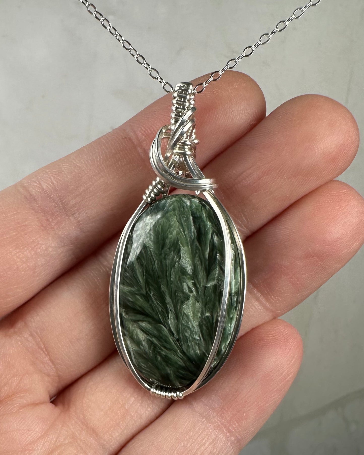 Seraphinite Pendant Wrapped in Sterling Silver Wire