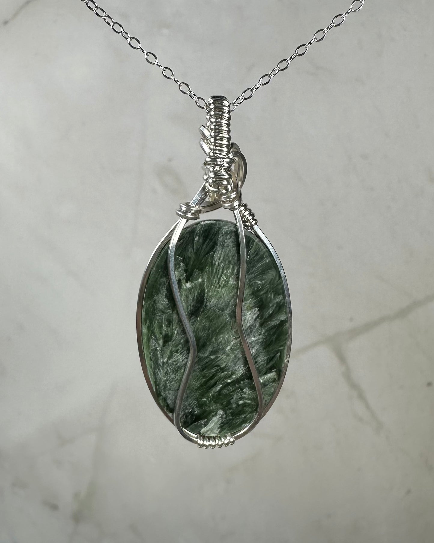 Seraphinite Pendant Wrapped in Sterling Silver Wire