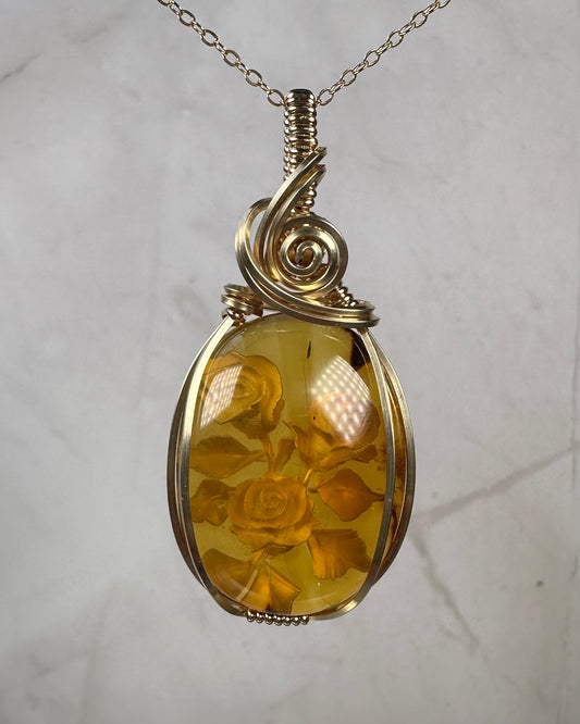 Carved Mexican Amber with Flowers Pendant Wire-Wrapped in 14k Goldfill