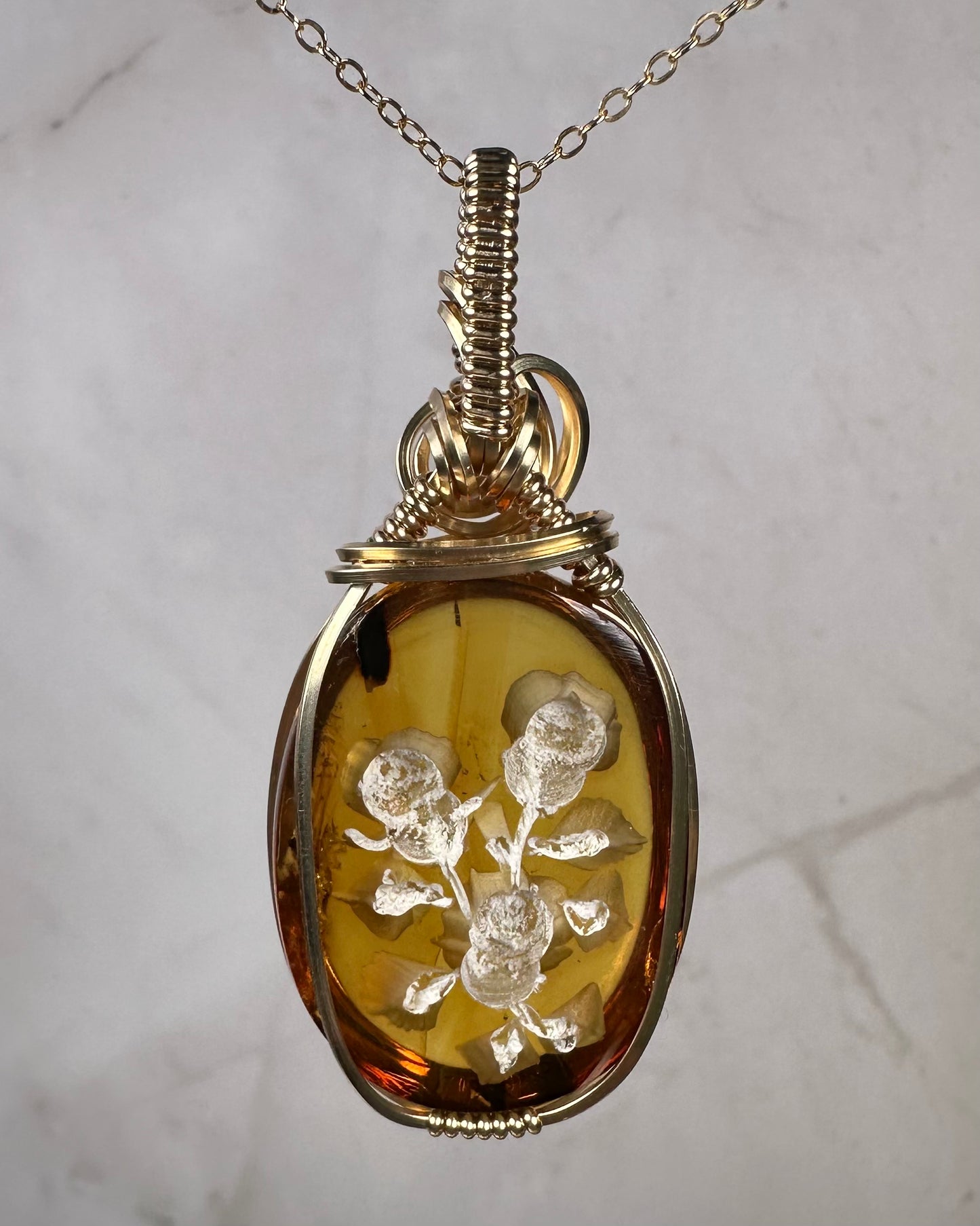 Carved Mexican Amber with Flowers Pendant Wire-Wrapped in 14k Goldfill