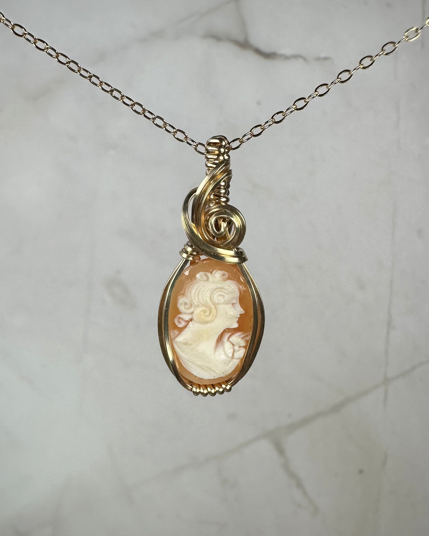 Vintage Carved Shell Cameo of Woman Pendant Wire-Wrapped in 14k Goldfill