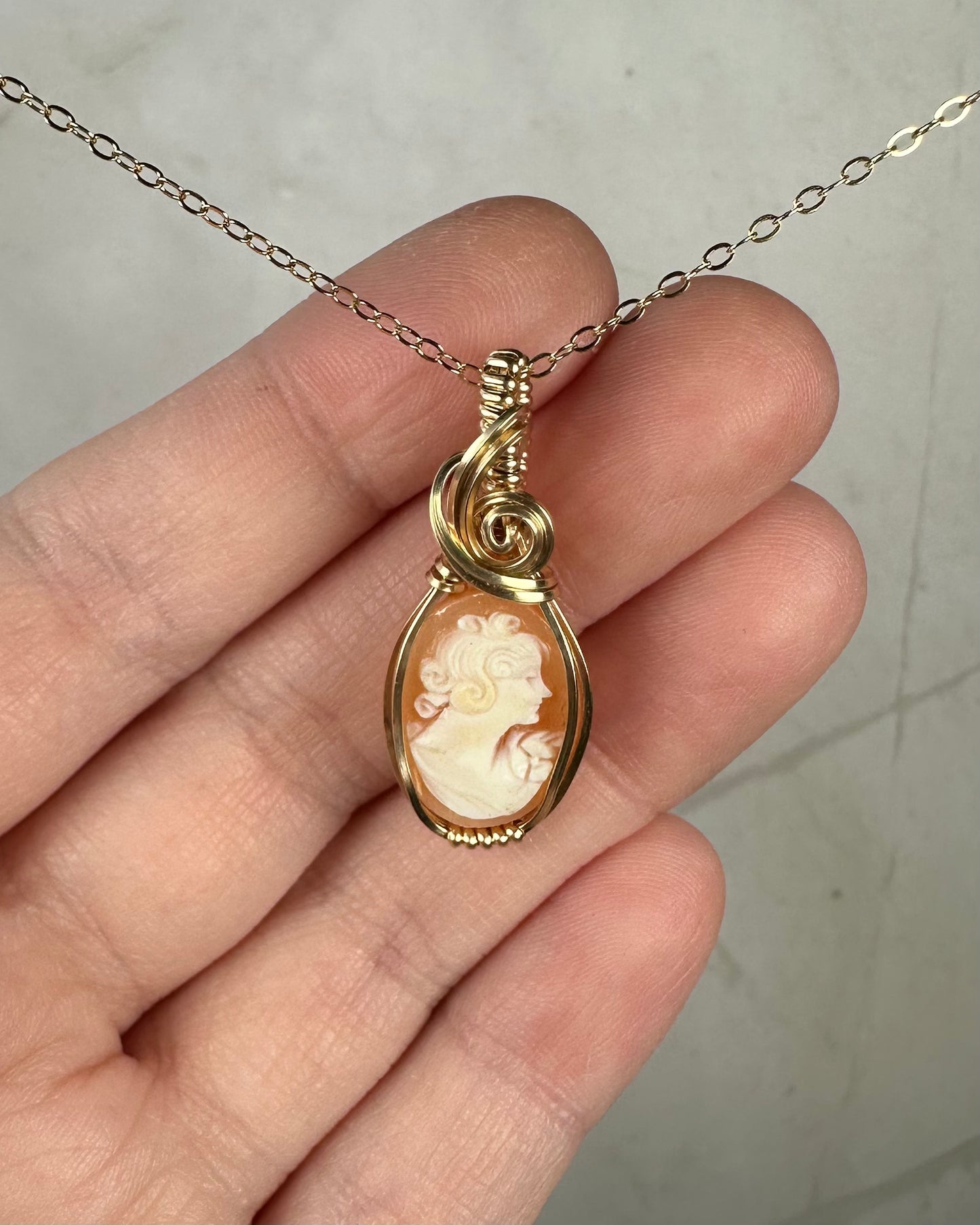 Vintage Carved Shell Cameo of Woman Pendant Wire-Wrapped in 14k Goldfill