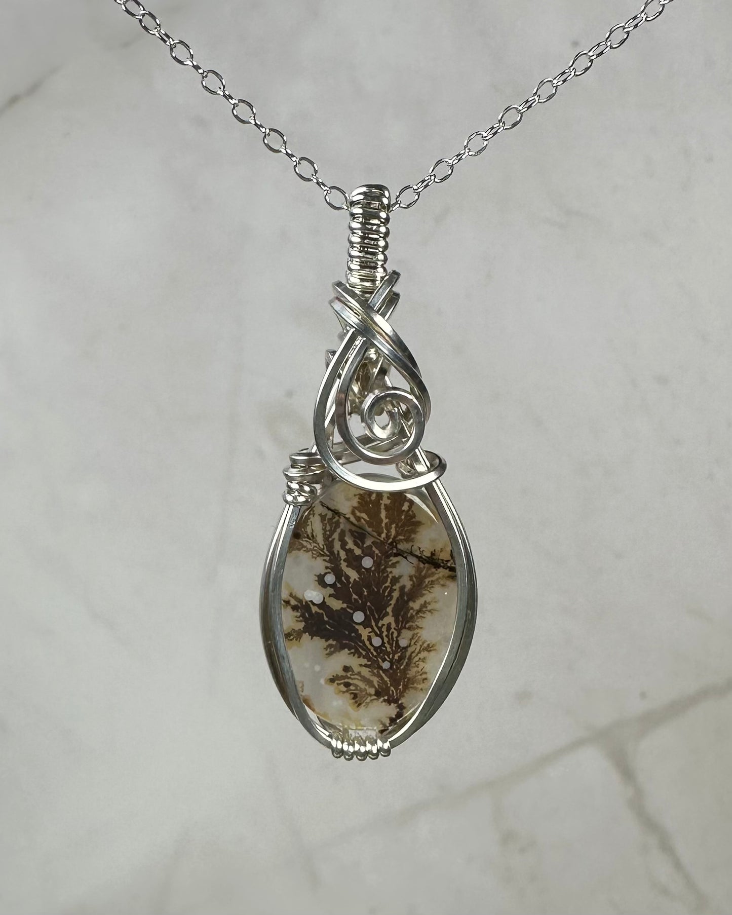 Dendritic "Picture" Agate Pendant Wrapped in Sterling Silver Wire