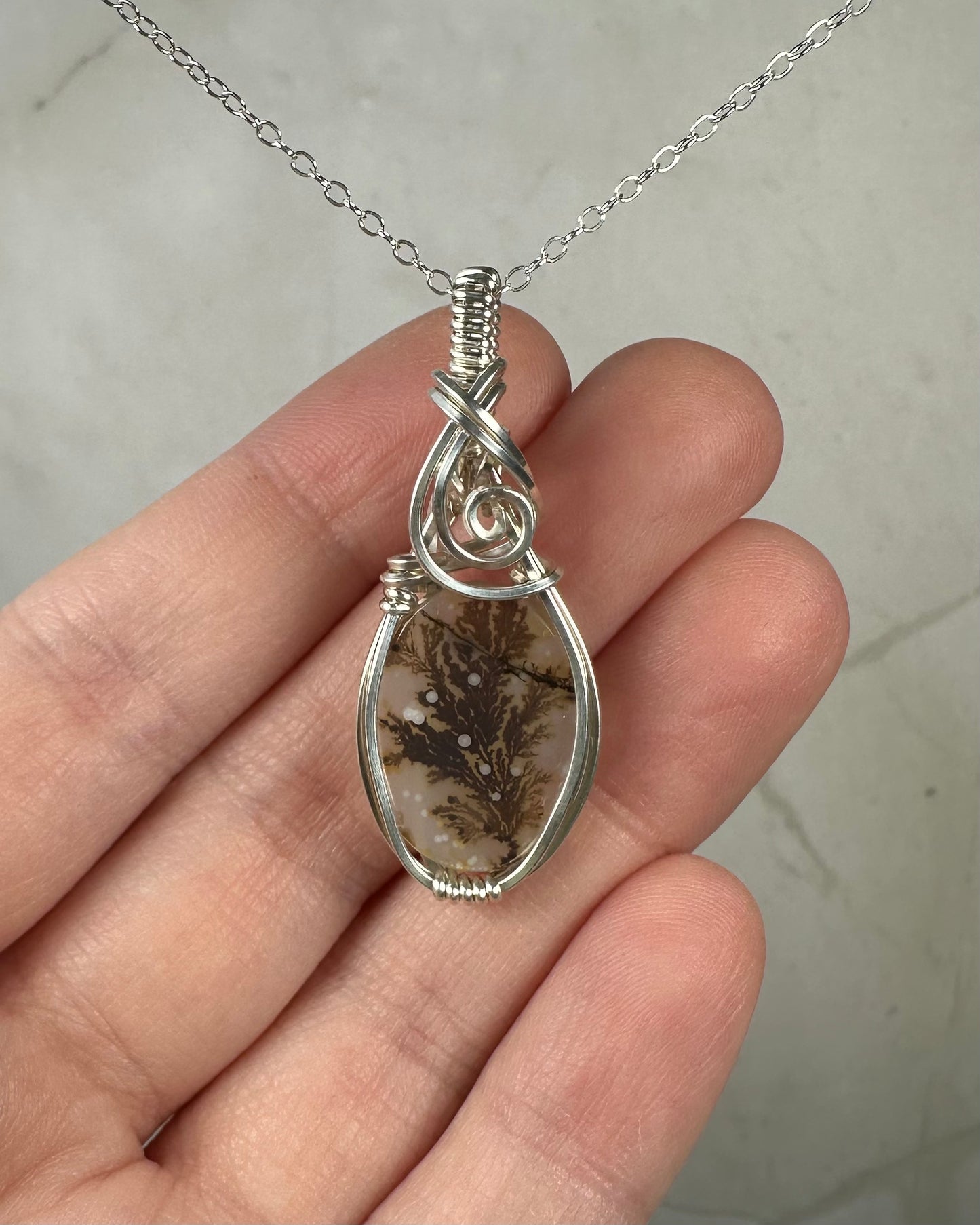 Dendritic "Picture" Agate Pendant Wrapped in Sterling Silver Wire