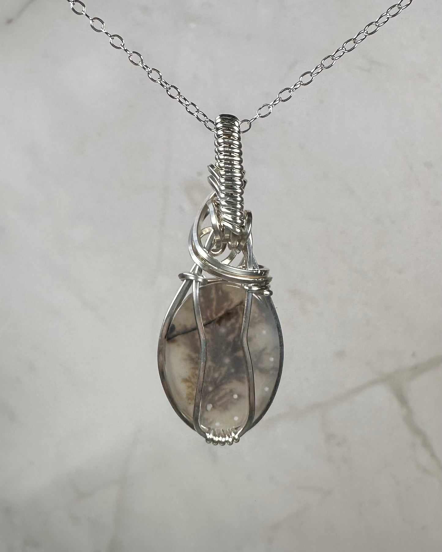 Dendritic "Picture" Agate Pendant Wrapped in Sterling Silver Wire