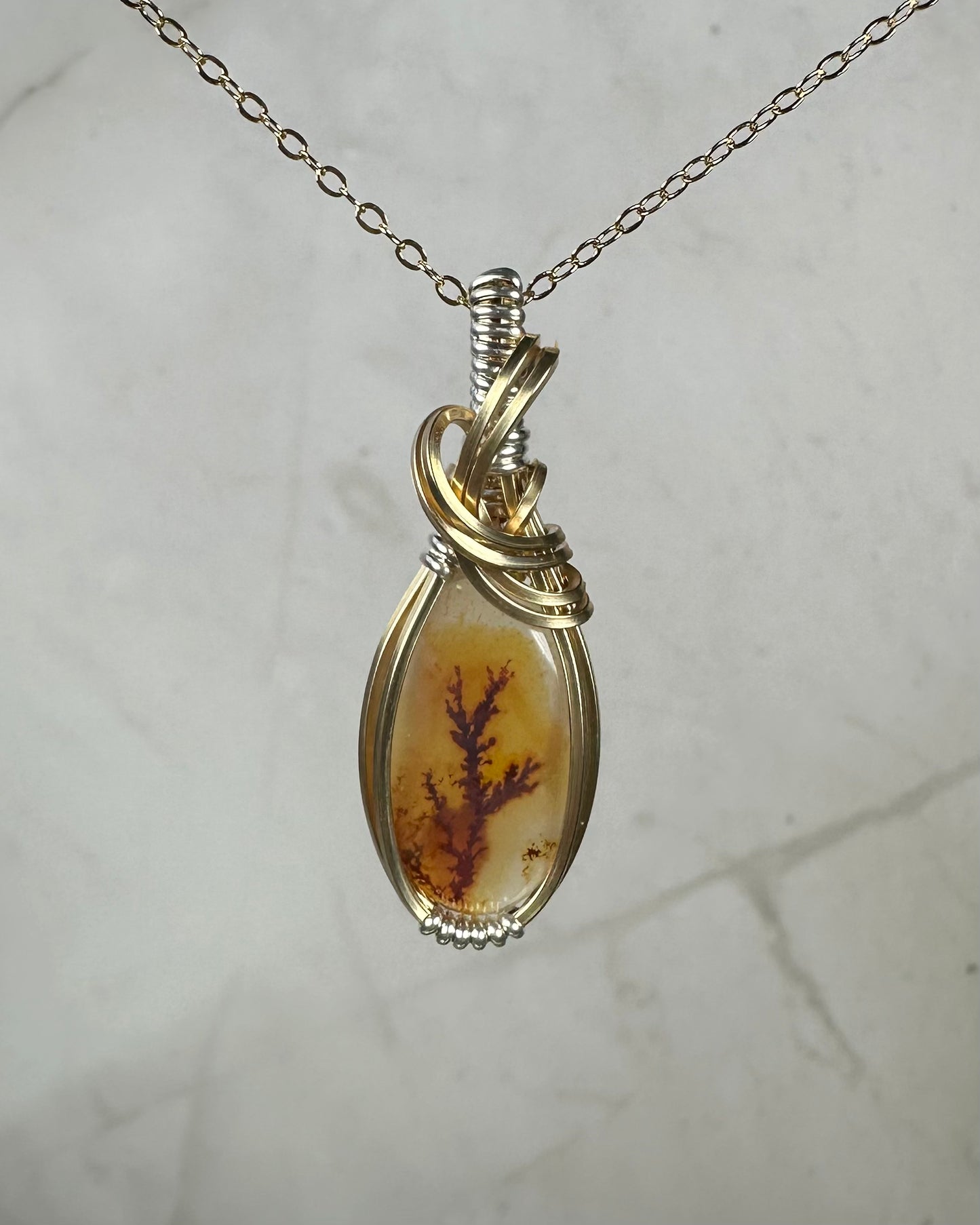 Dendritic "Picture" Agate Pendant Wrapped in Sterling Silver and 14k Goldfilled Wire