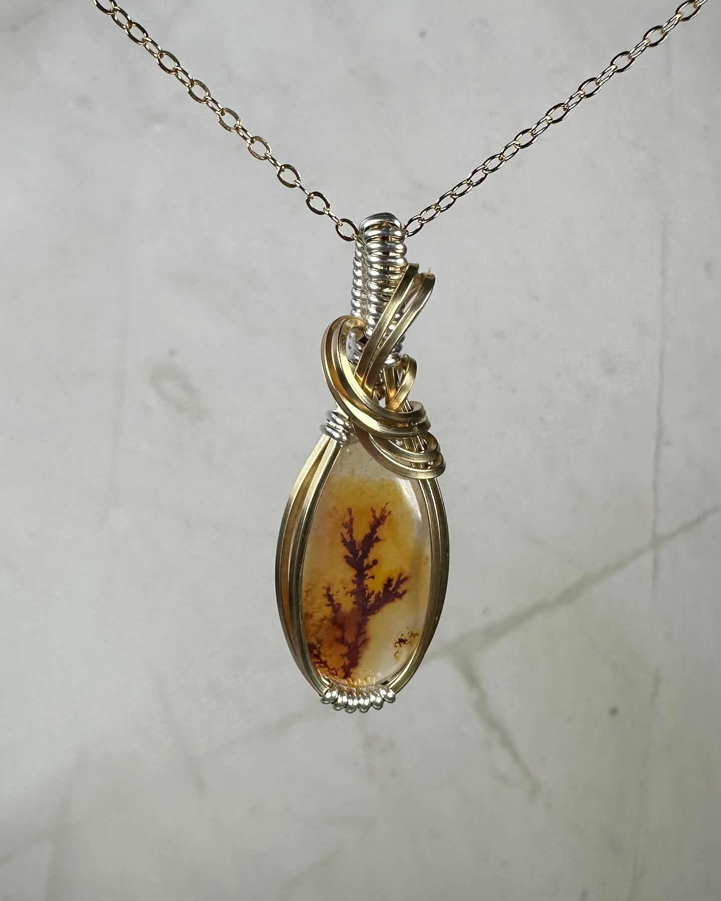 Dendritic "Picture" Agate Pendant Wrapped in Sterling Silver and 14k Goldfilled Wire