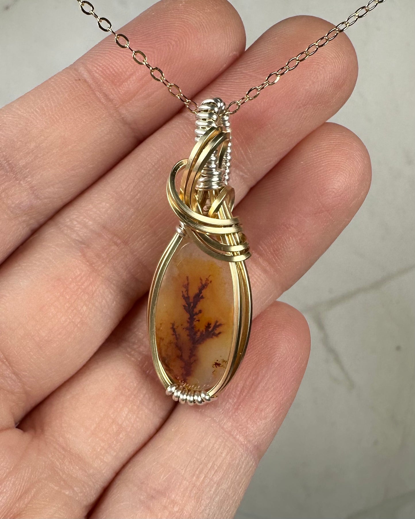 Dendritic "Picture" Agate Pendant Wrapped in Sterling Silver and 14k Goldfilled Wire