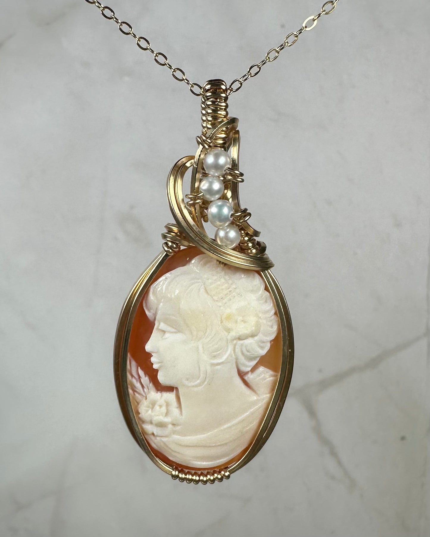 Vintage Carved Shell Cameo Pendant with Natural Pearls Wire-Wrapped in 14k Goldfill