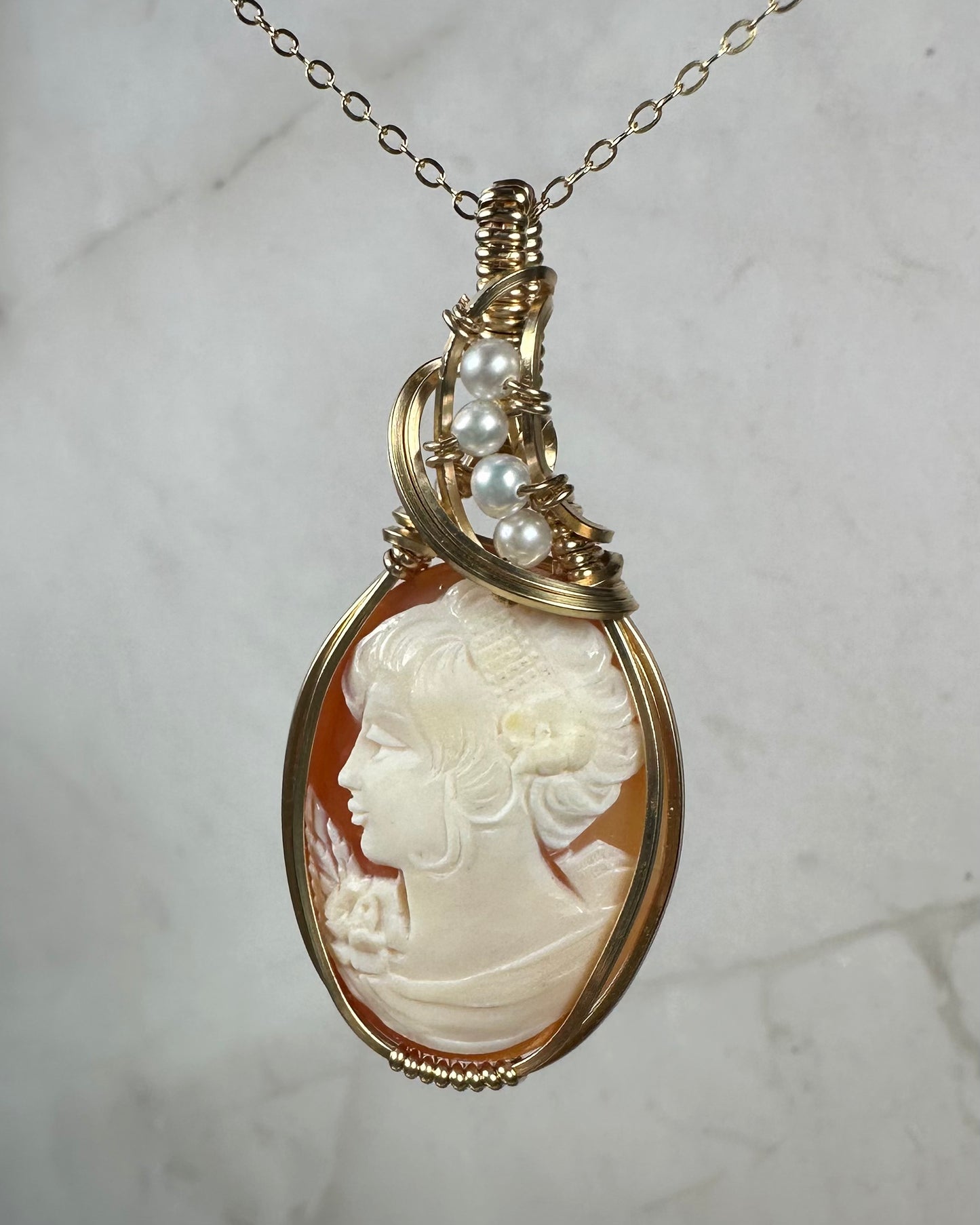 Vintage Carved Shell Cameo Pendant with Natural Pearls Wire-Wrapped in 14k Goldfill