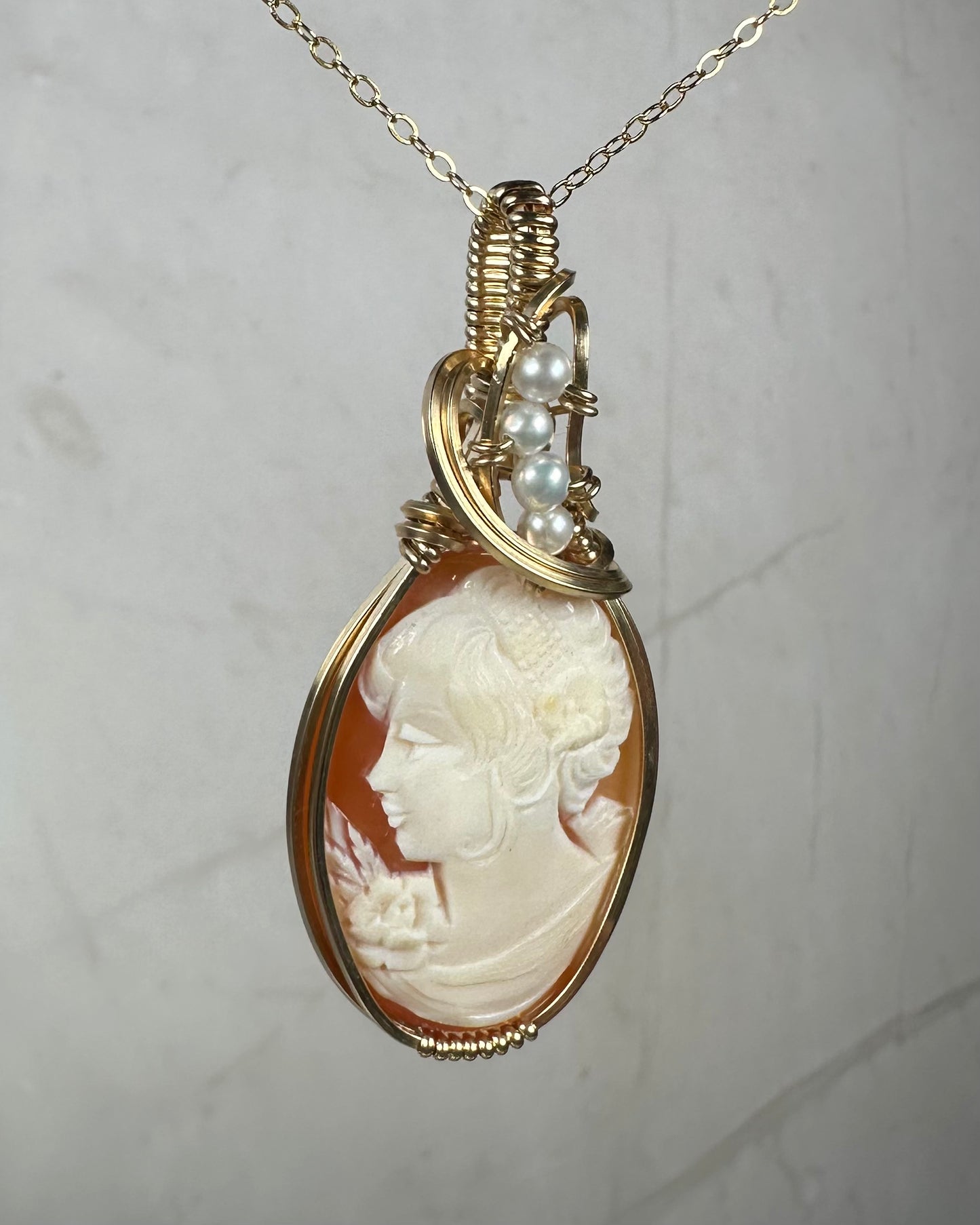 Vintage Carved Shell Cameo Pendant with Natural Pearls Wire-Wrapped in 14k Goldfill