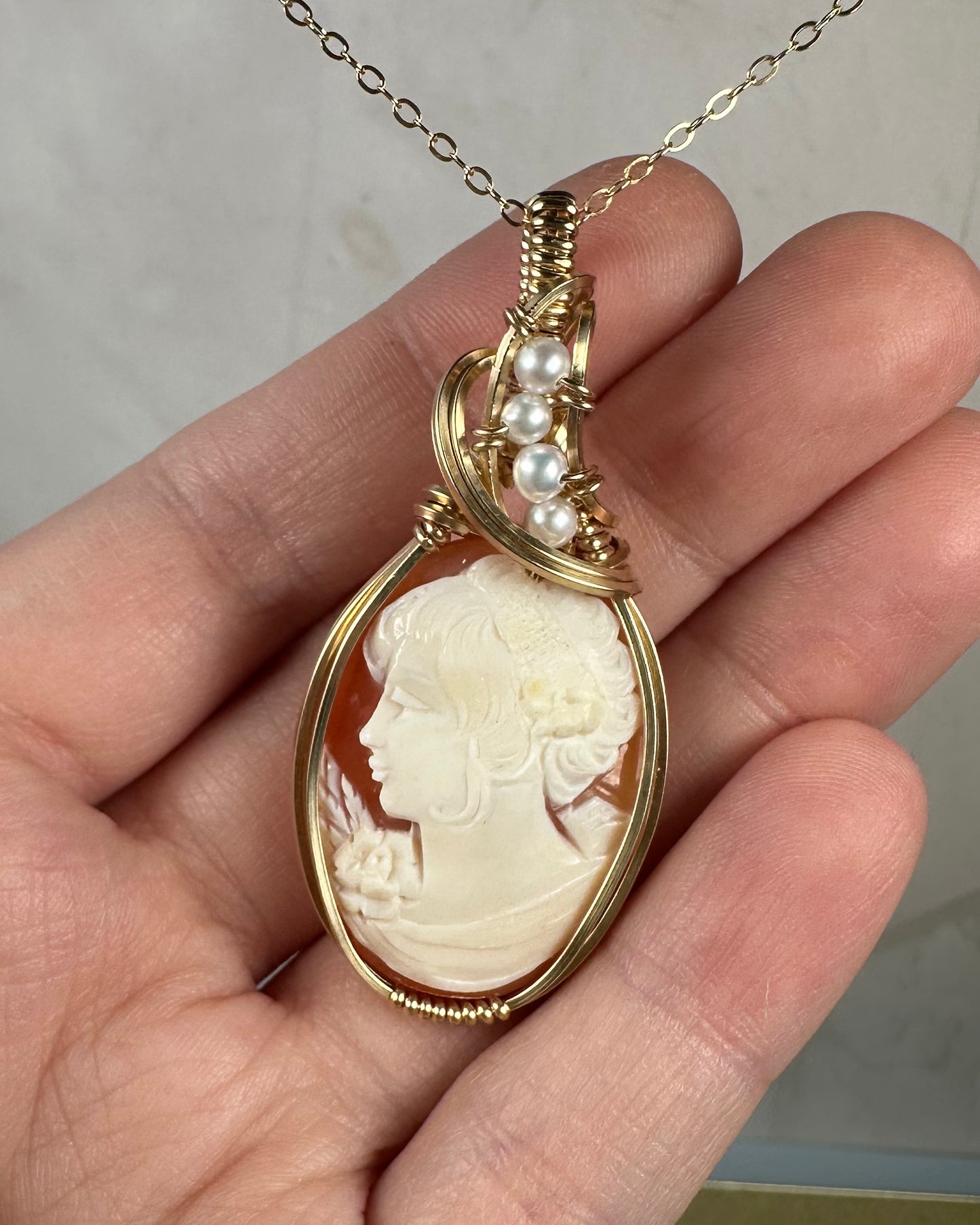 Vintage Carved Shell Cameo Pendant with Natural Pearls Wire-Wrapped in 14k Goldfill