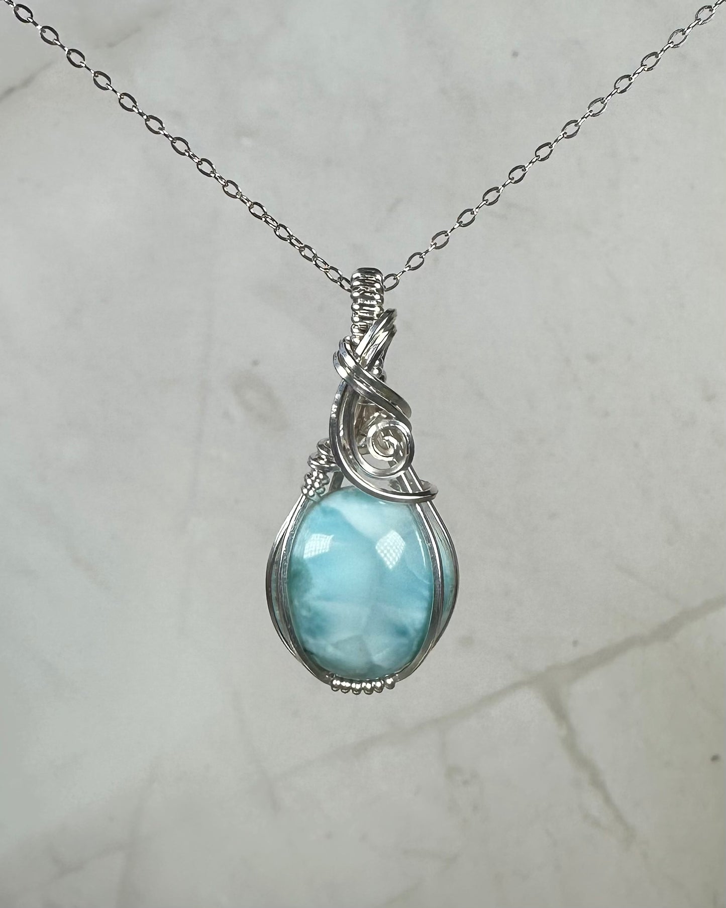 Larimar Pendant Wire-Wrapped in Sterling Silver