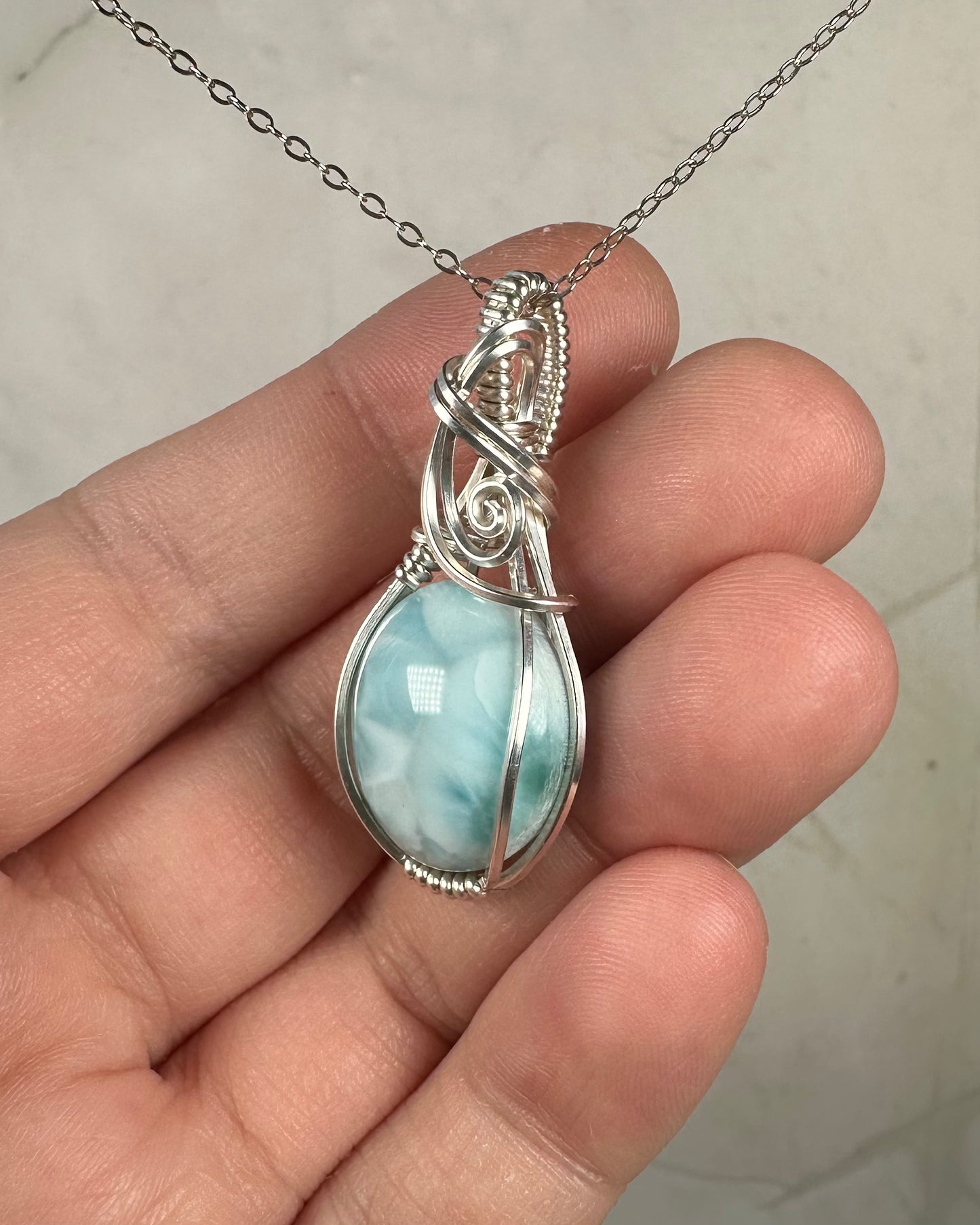 Larimar Pendant Wire-Wrapped in Sterling Silver