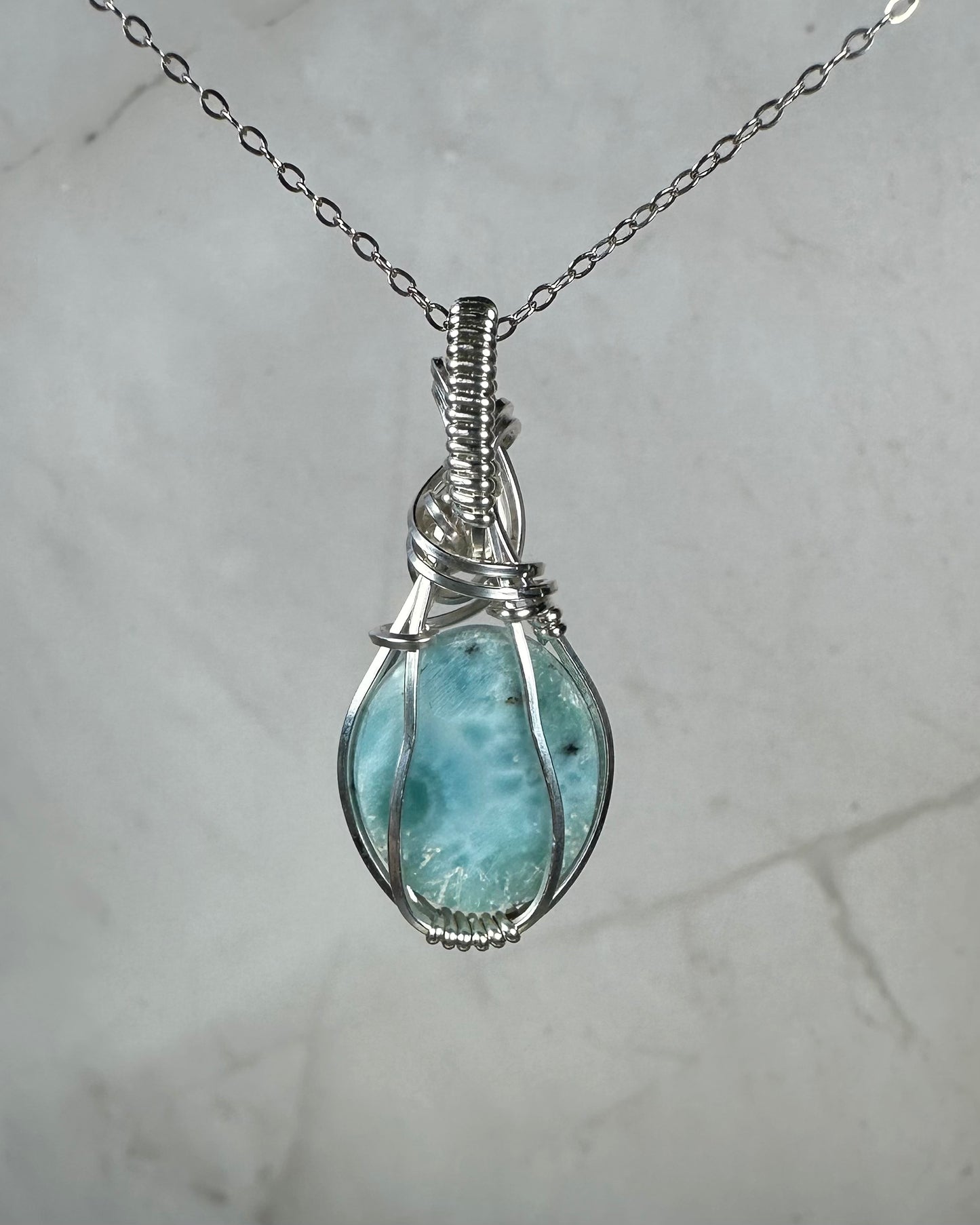 Larimar Pendant Wire-Wrapped in Sterling Silver