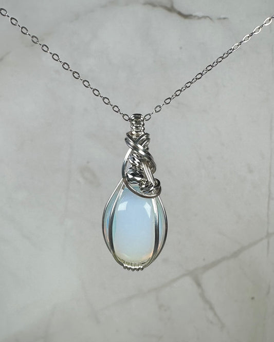 Opalite Glass Pendant Wire-Wrapped in Sterling Silver