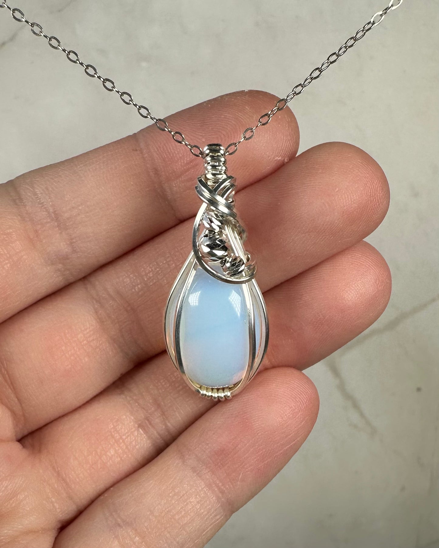 Opalite Glass Pendant Wire-Wrapped in Sterling Silver