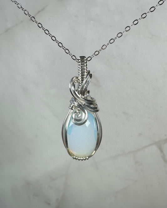 Opalite Glass Pendant Wire-Wrapped in Sterling Silver