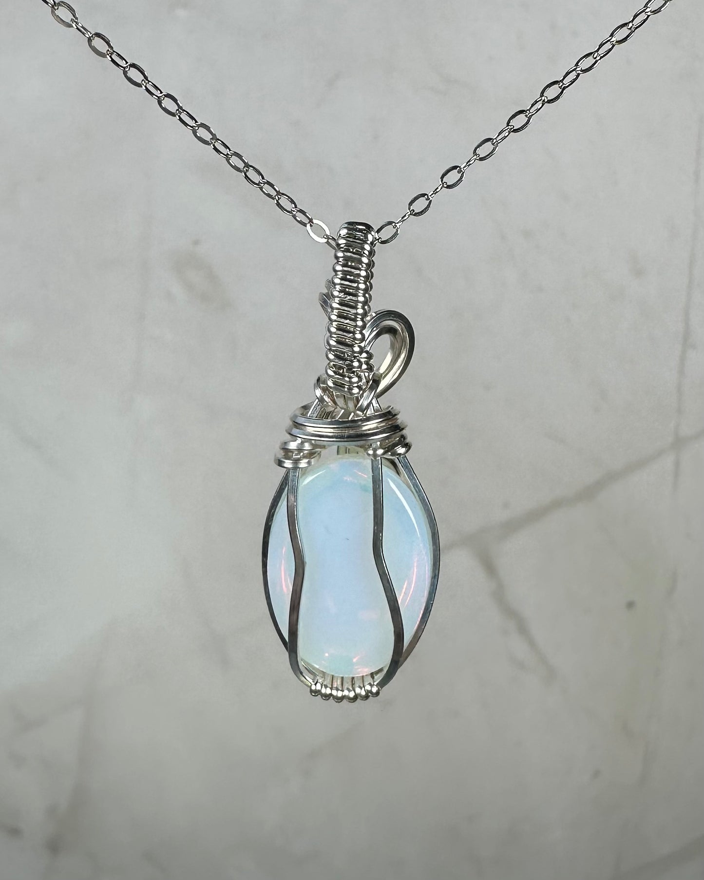 Opalite Glass Pendant Wire-Wrapped in Sterling Silver