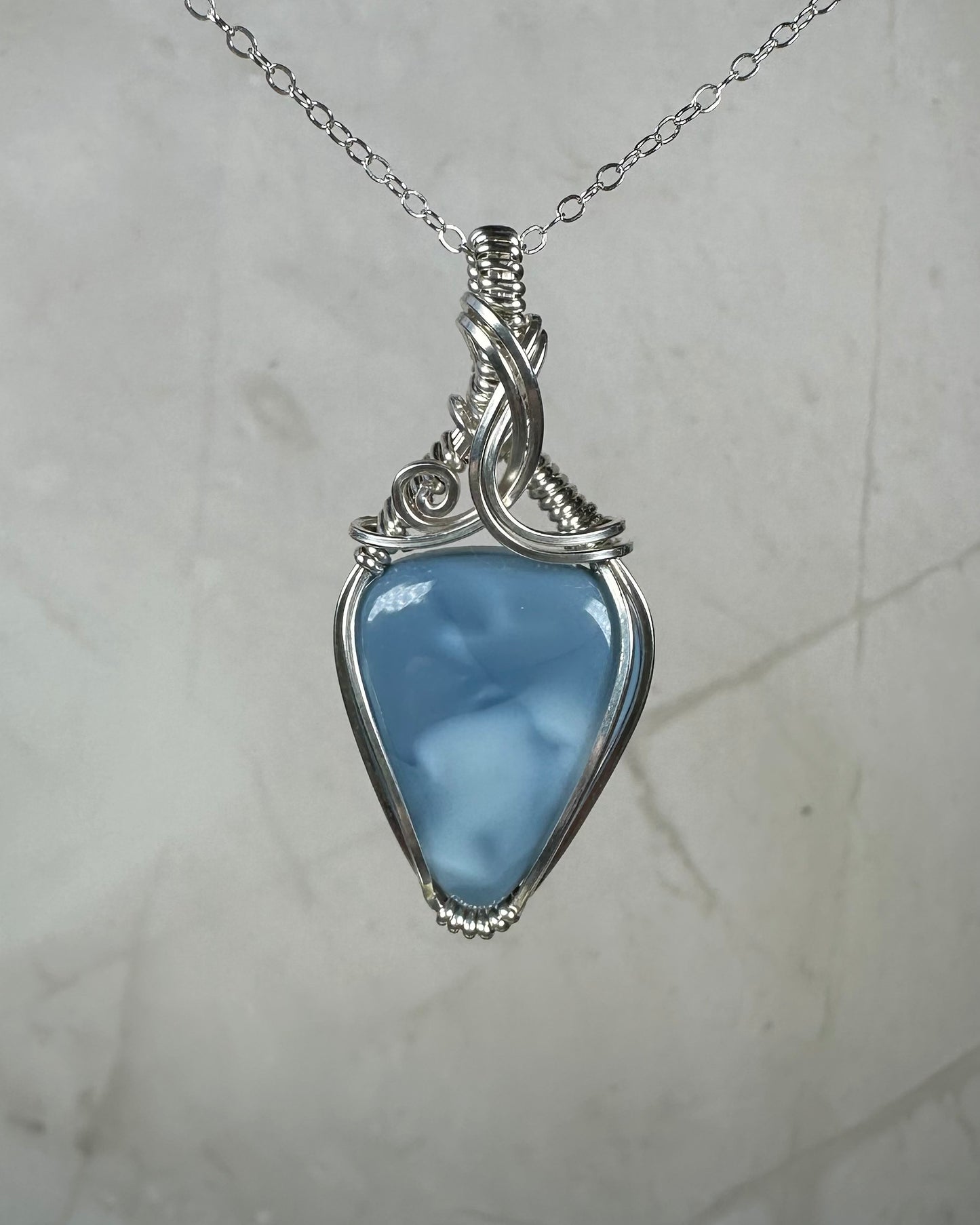 Blue Opal Pendant Wrapped in Sterling Silver Wire