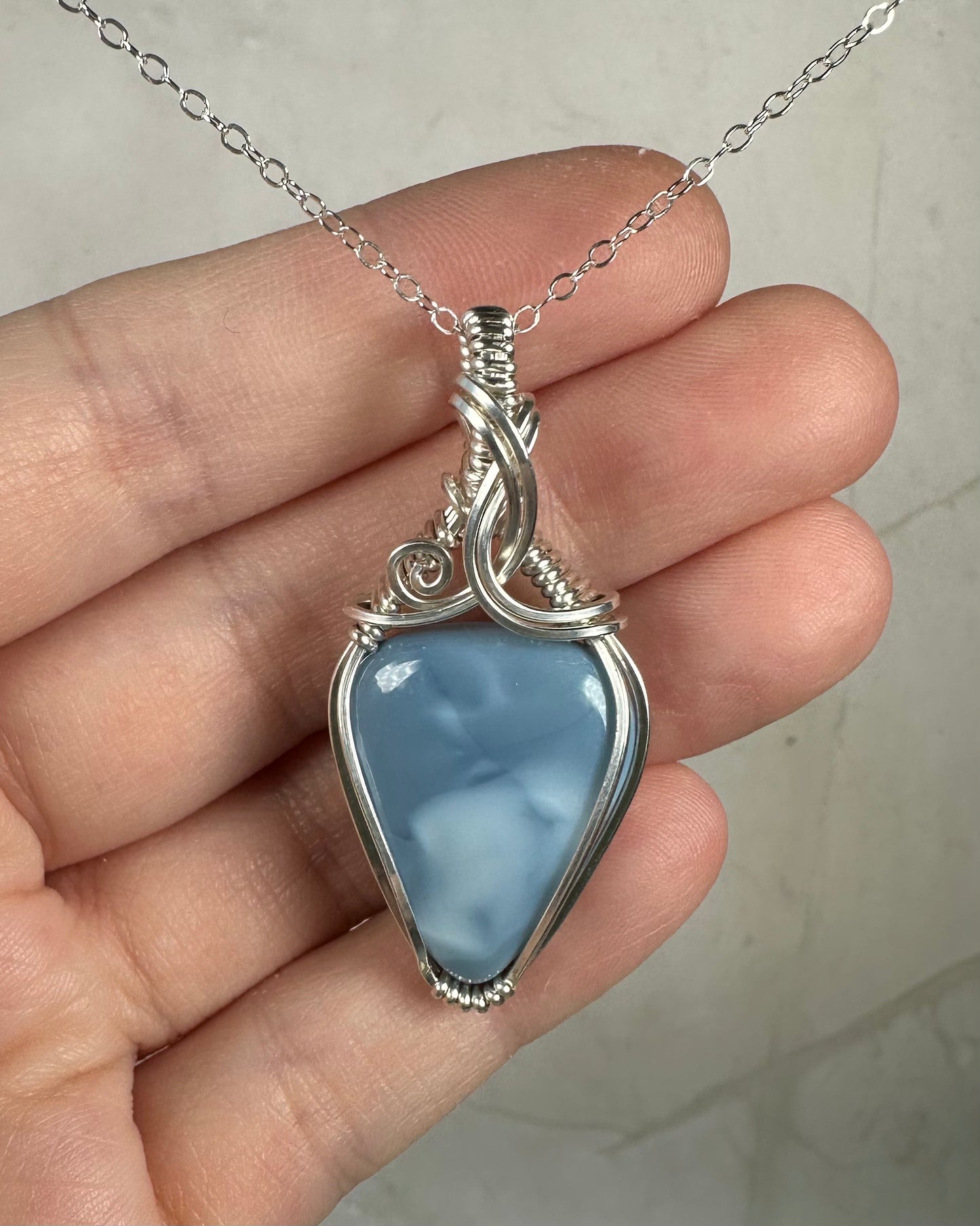 Blue Opal Pendant Wrapped in Sterling Silver Wire