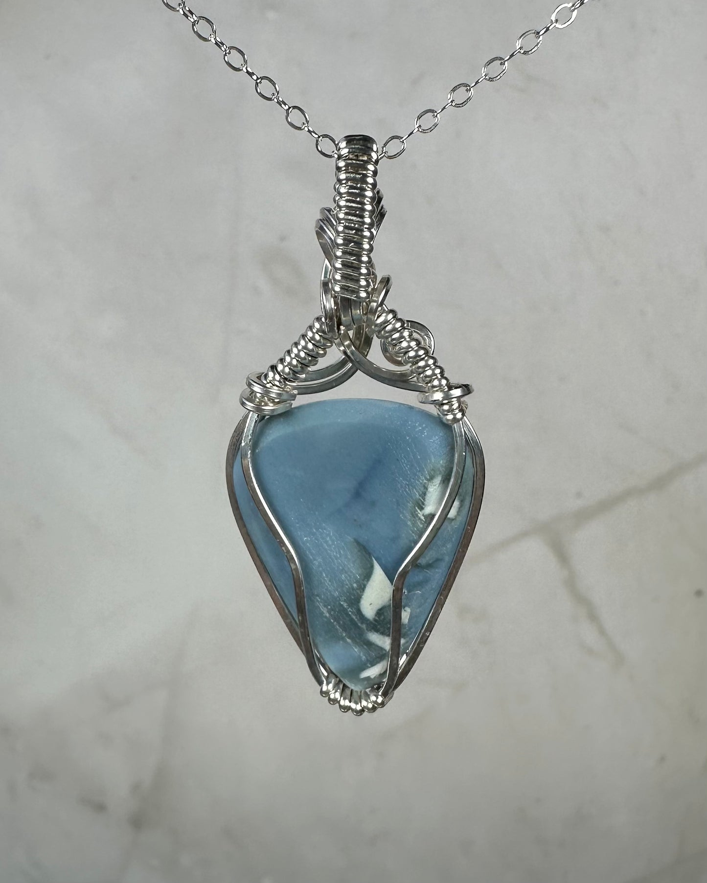 Blue Opal Pendant Wrapped in Sterling Silver Wire