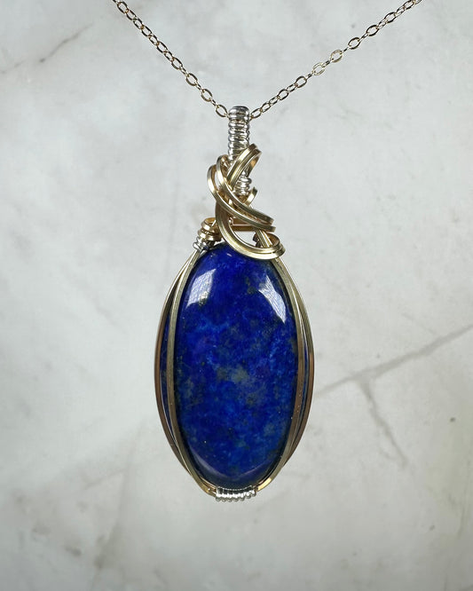 Lapis Lazuli Pendant Wire-Wrapped in 14k Goldfilled and Sterling Silver Wire