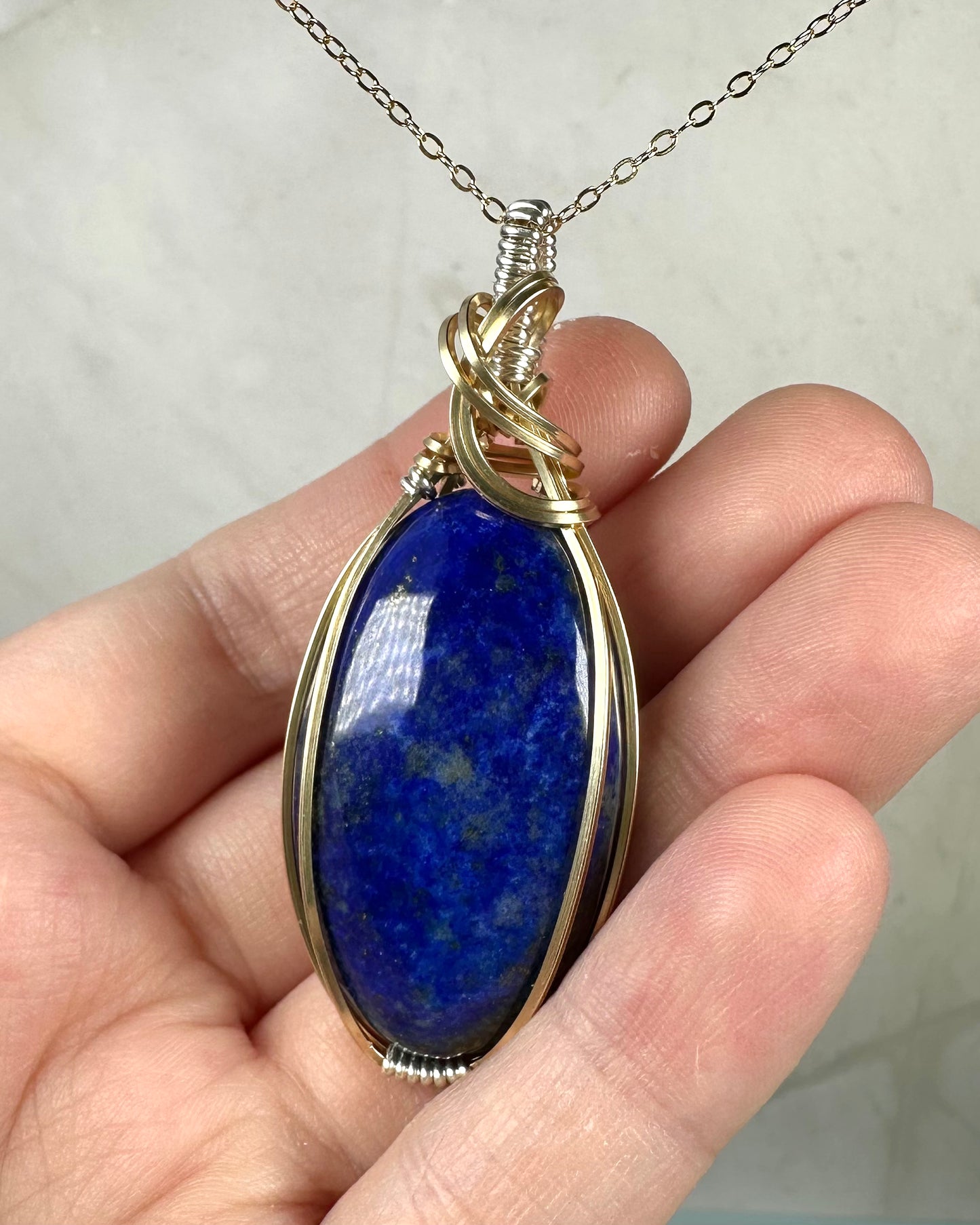 Lapis Lazuli Pendant Wire-Wrapped in 14k Goldfilled and Sterling Silver Wire