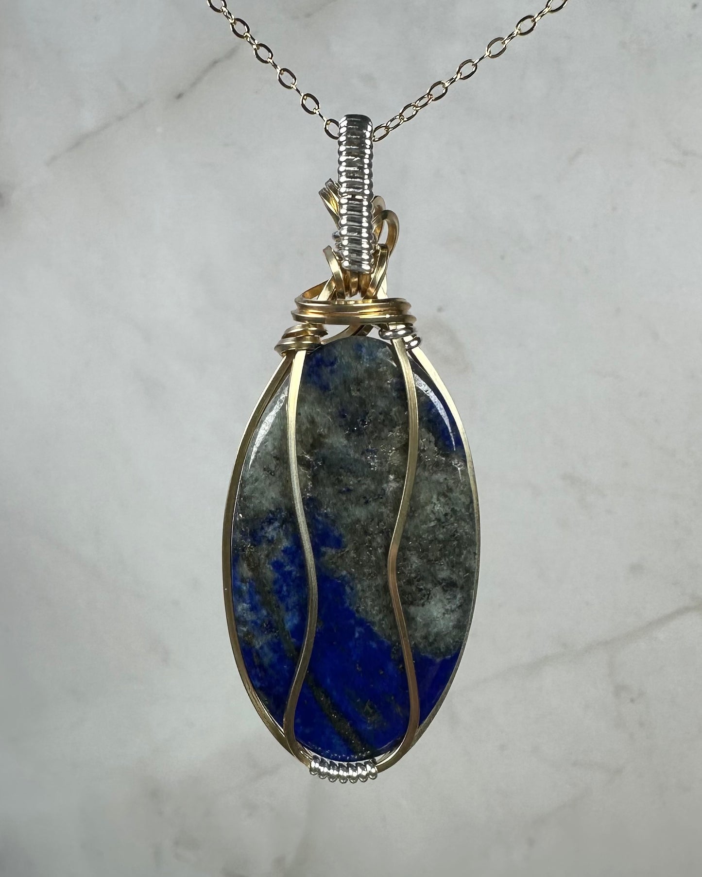 Lapis Lazuli Pendant Wire-Wrapped in 14k Goldfilled and Sterling Silver Wire