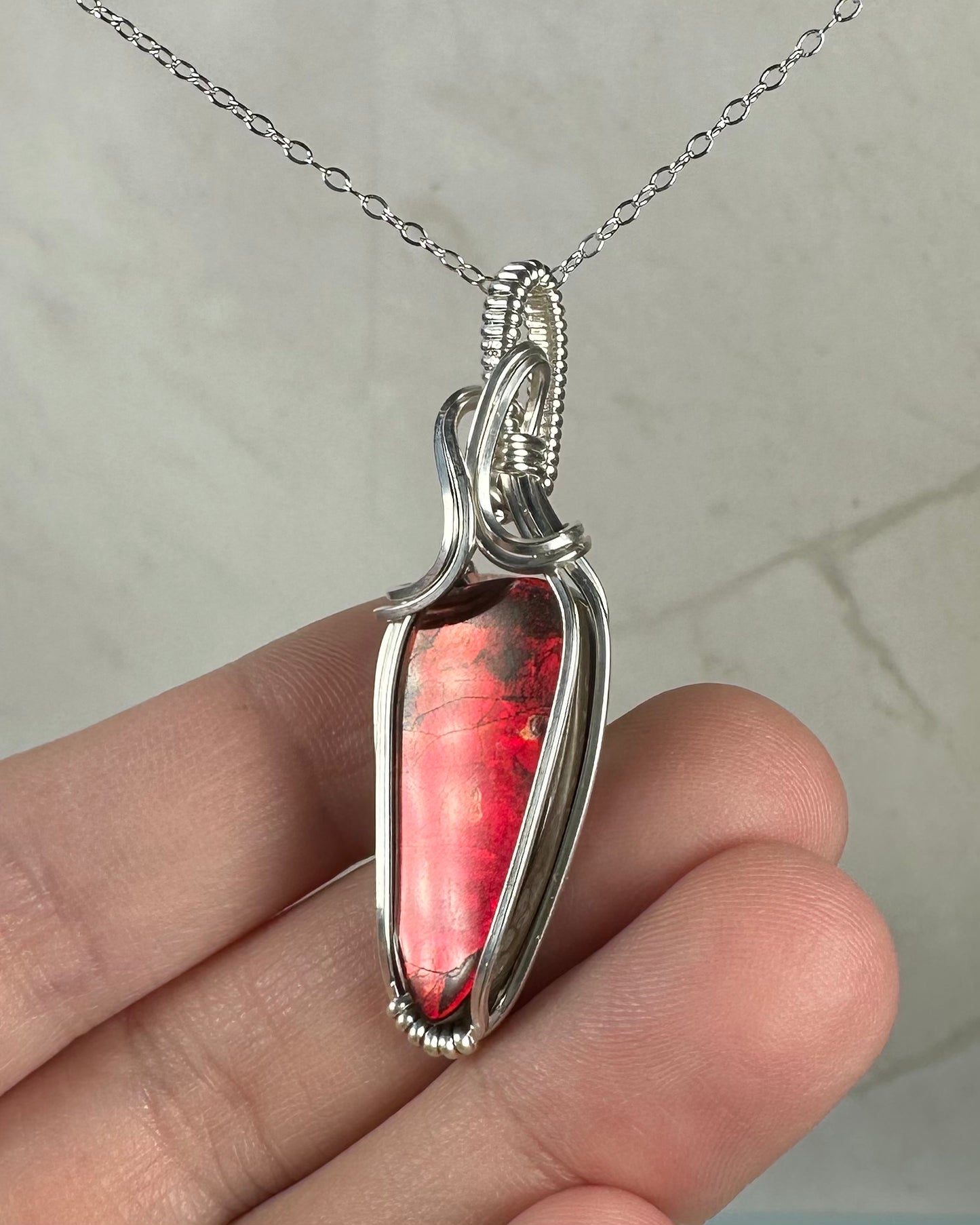 Flashy Rare, Natural Ammolite Pendant Wire-Wrapped in Sterling Silver