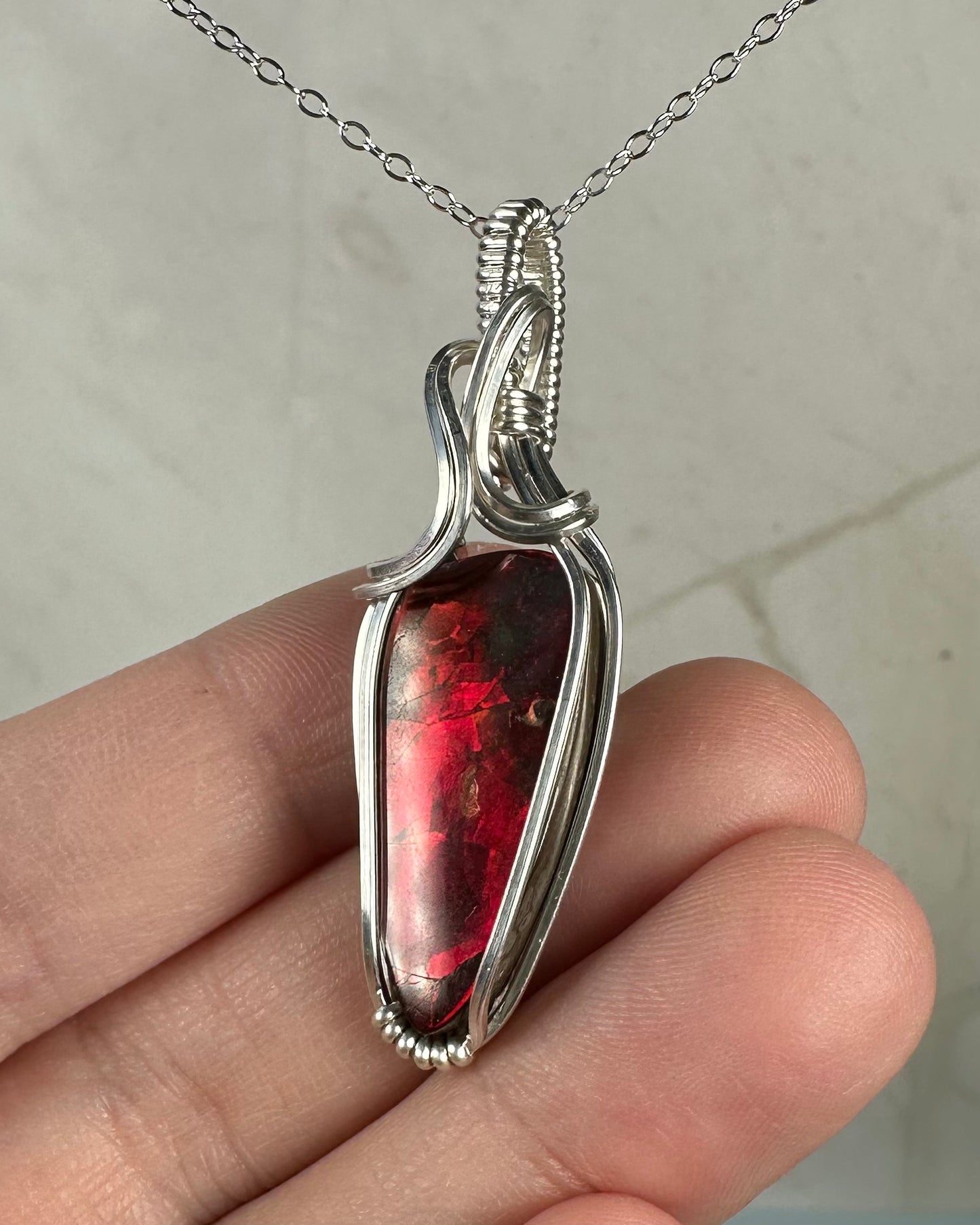 Flashy Rare, Natural Ammolite Pendant Wire-Wrapped in Sterling Silver