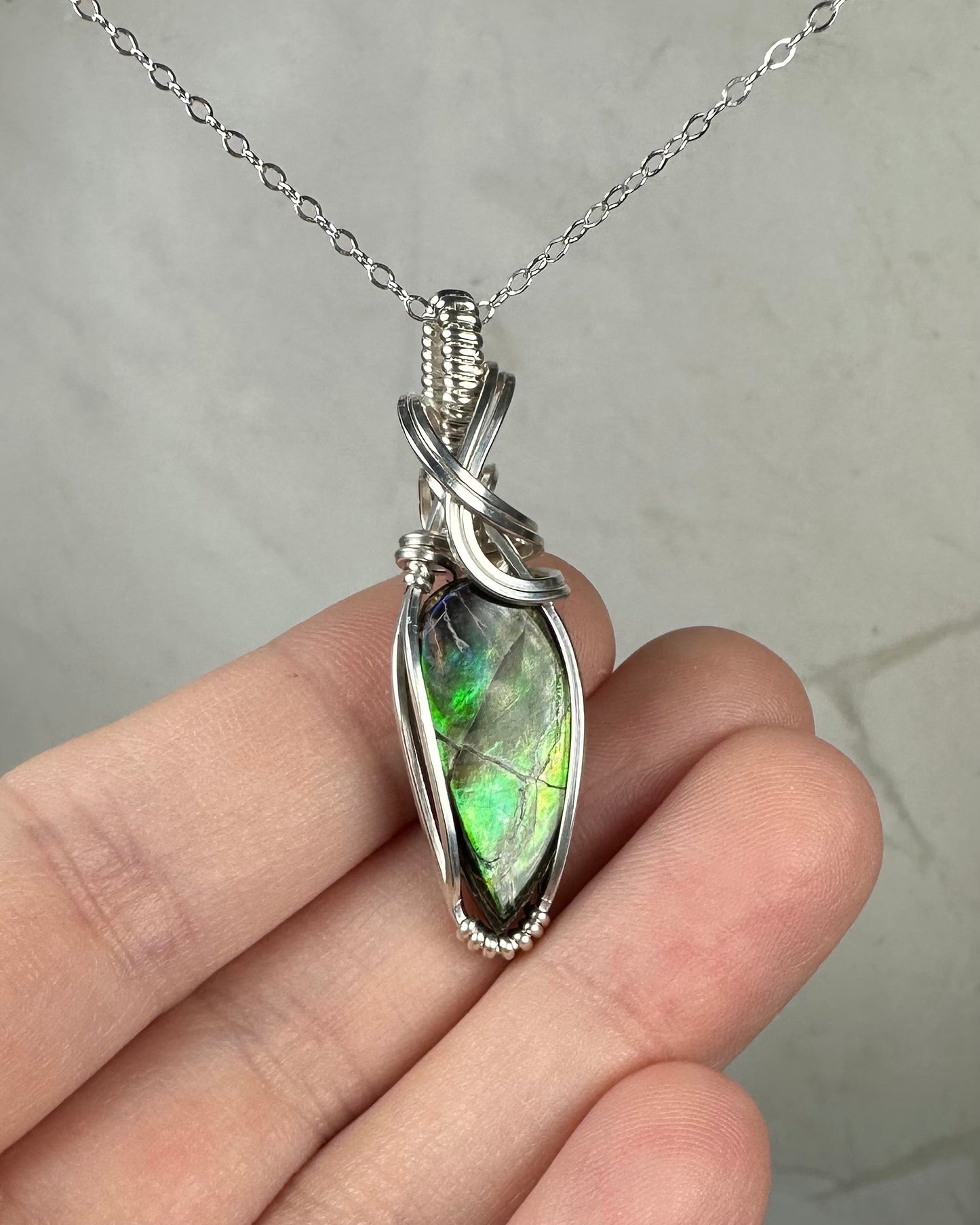 Flashy Rare, Natural Ammolite Pendant Wire-Wrapped in Sterling Silver