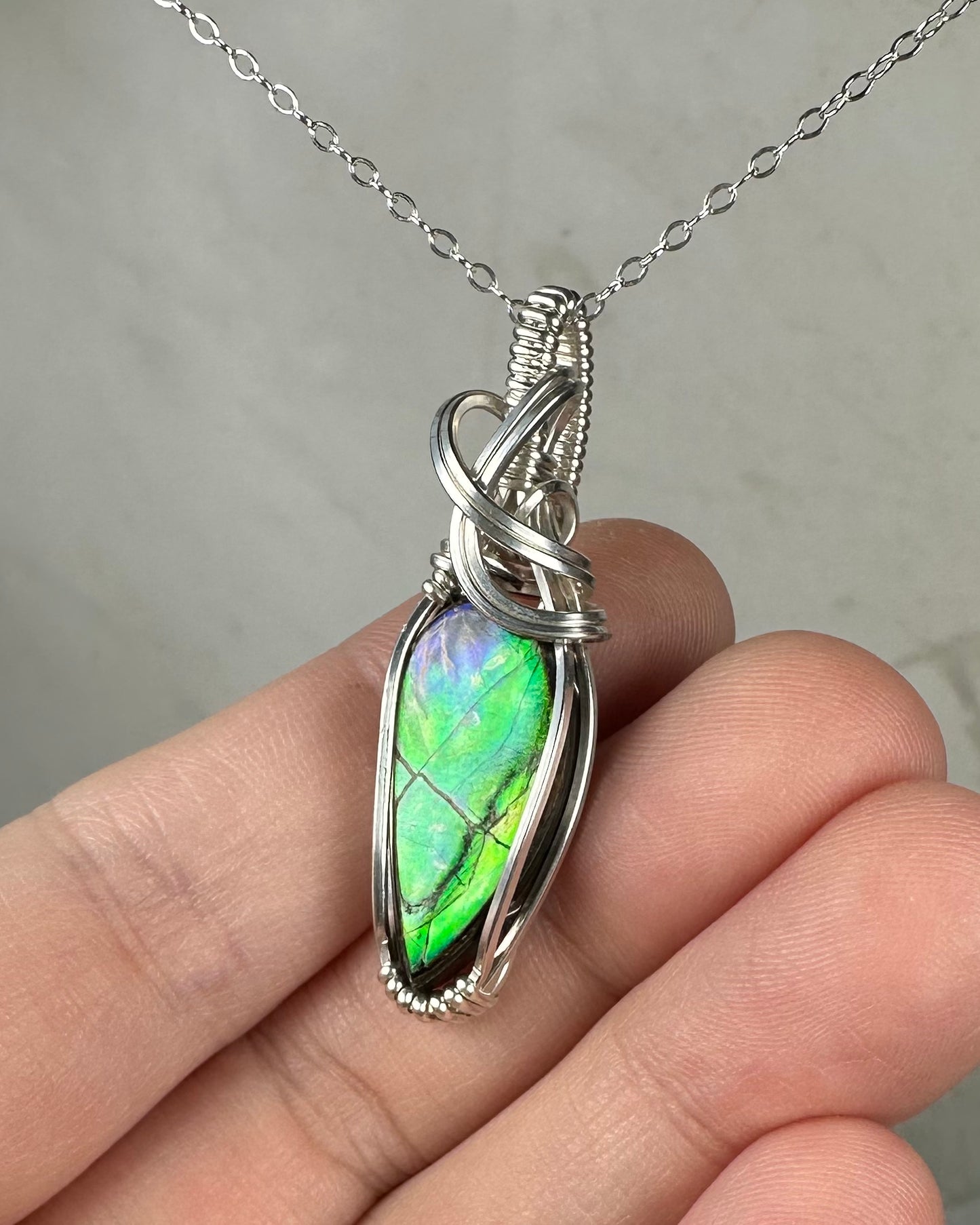 Flashy Rare, Natural Ammolite Pendant Wire-Wrapped in Sterling Silver