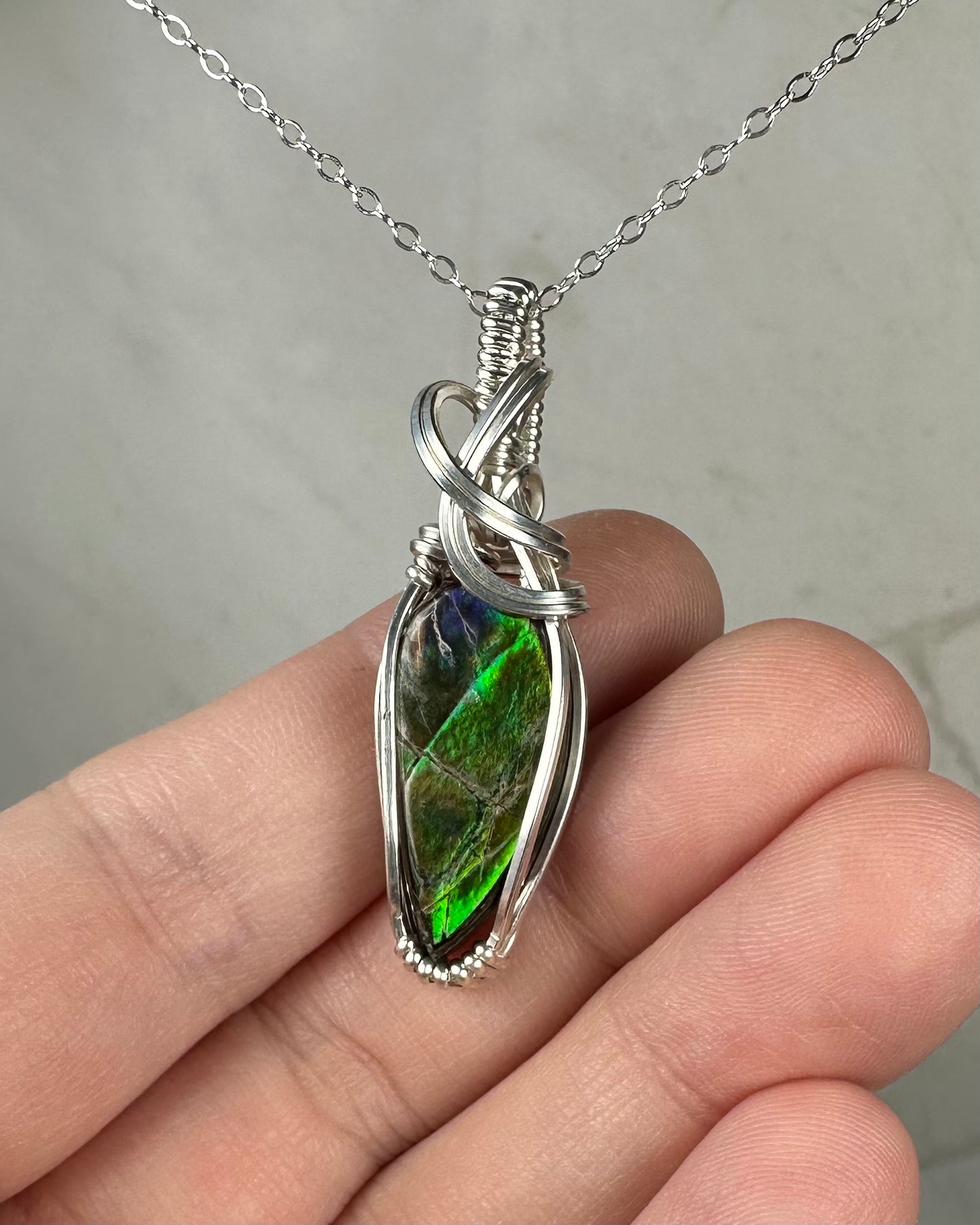 Flashy Rare, Natural Ammolite Pendant Wire-Wrapped in Sterling Silver