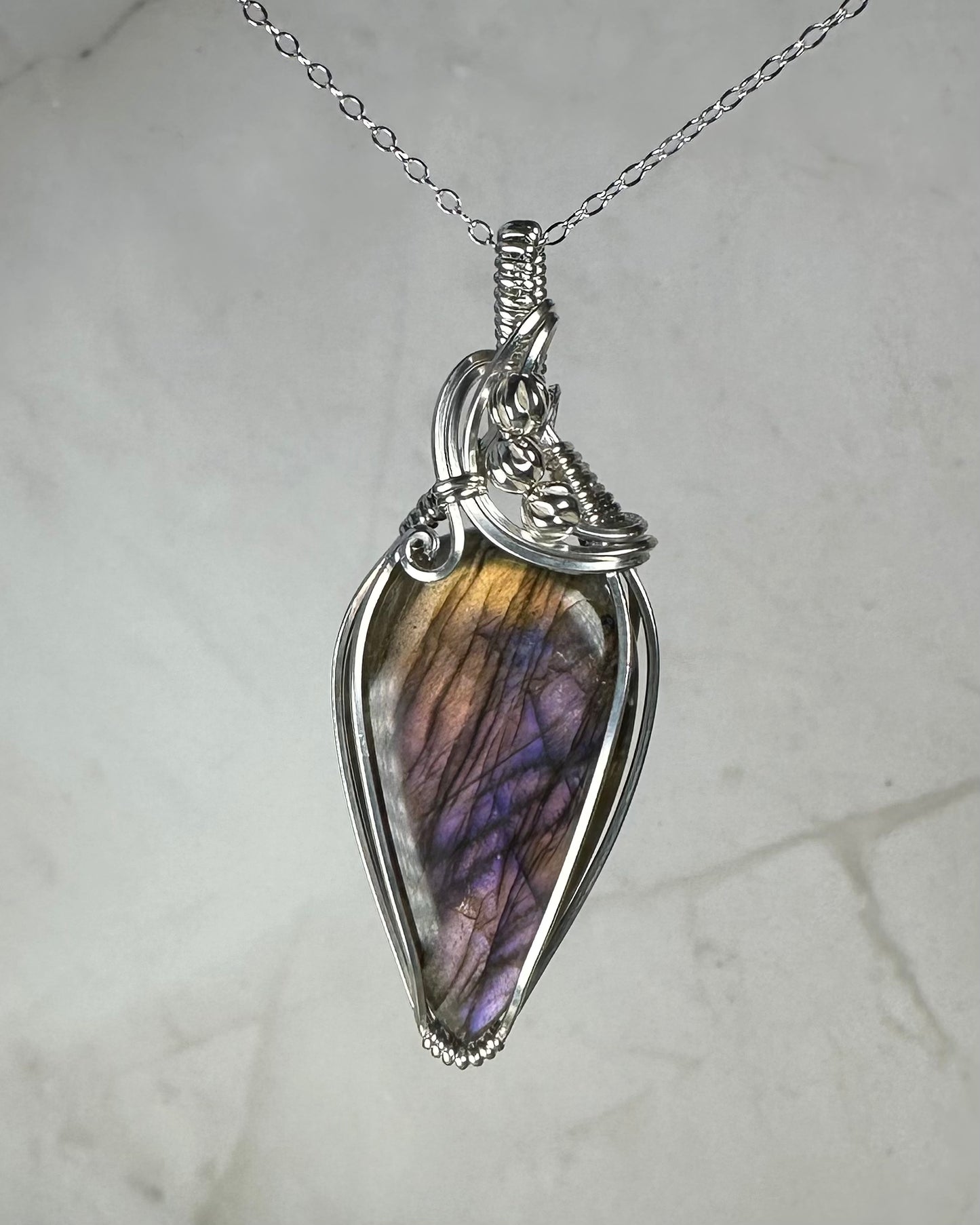 Flashy Purple and Gold Labradorite Pendant Wire-Wrapped in Sterling Silver