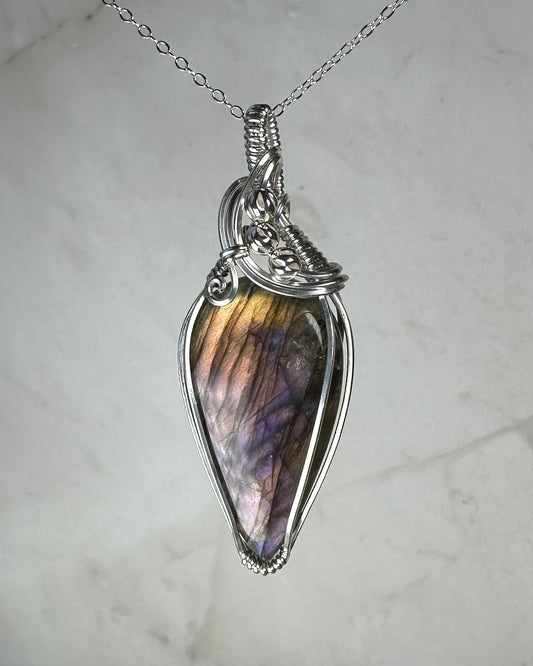 Flashy Purple and Gold Labradorite Pendant Wire-Wrapped in Sterling Silver