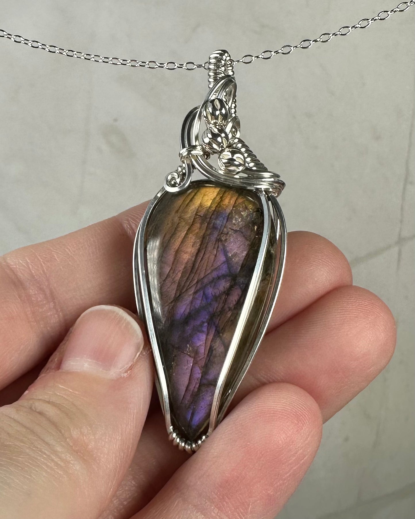 Flashy Purple and Gold Labradorite Pendant Wire-Wrapped in Sterling Silver