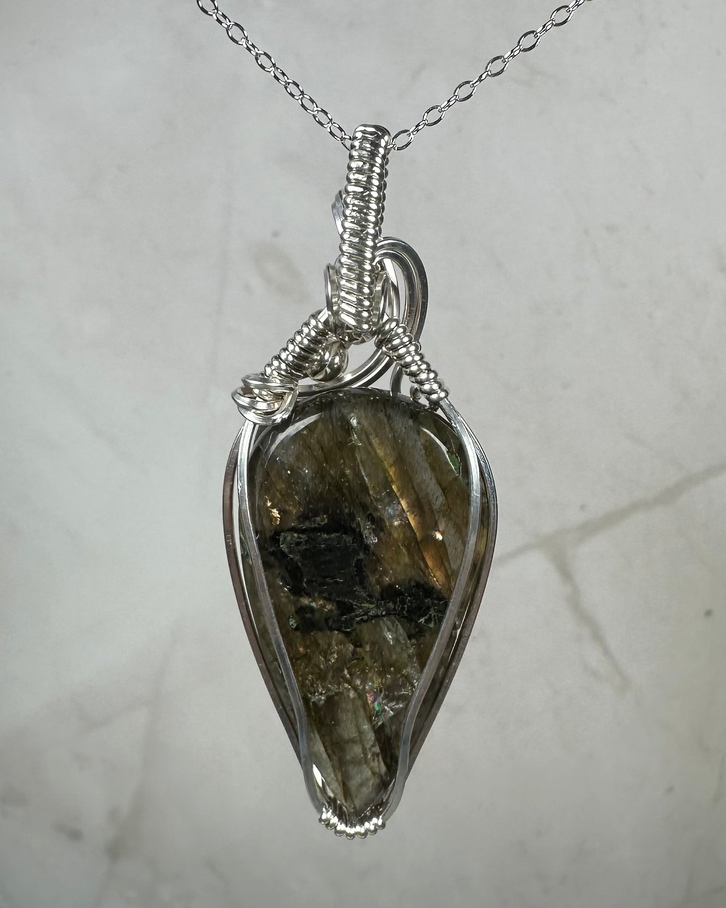 Flashy Purple and Gold Labradorite Pendant Wire-Wrapped in Sterling Silver