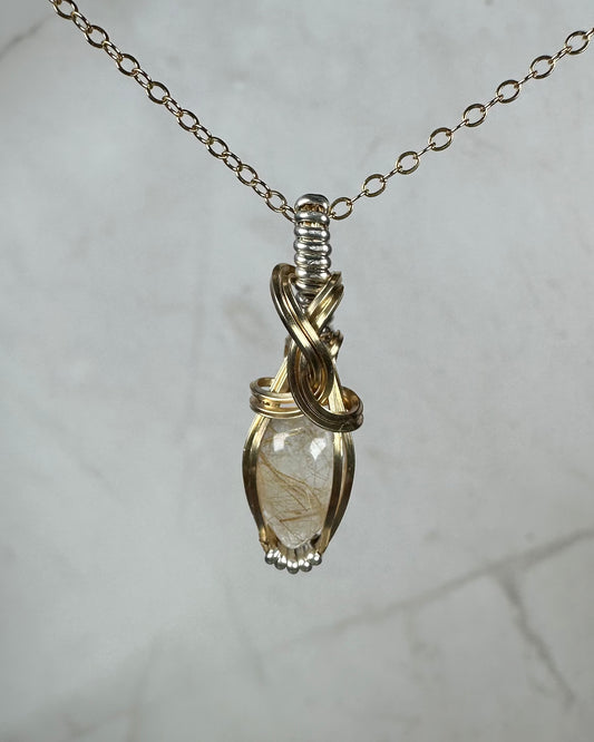 Wire-Wrapped Natural Gold Rutilated Quartz Pendant in 14k Gold-Fill Sterling Silver