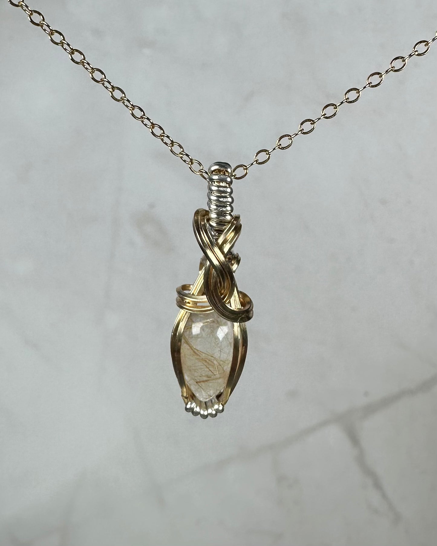 Wire-Wrapped Natural Gold Rutilated Quartz Pendant in 14k Gold-Fill Sterling Silver