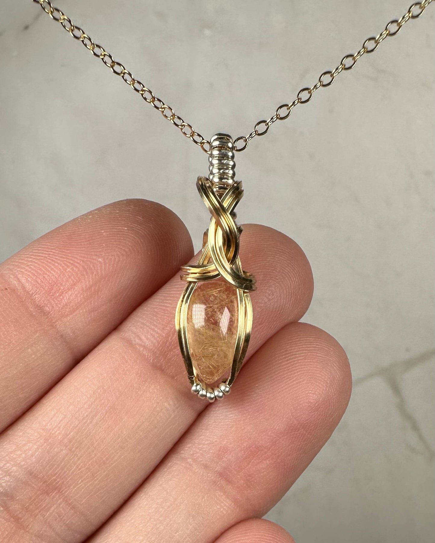 Wire-Wrapped Natural Gold Rutilated Quartz Pendant in 14k Gold-Fill Sterling Silver