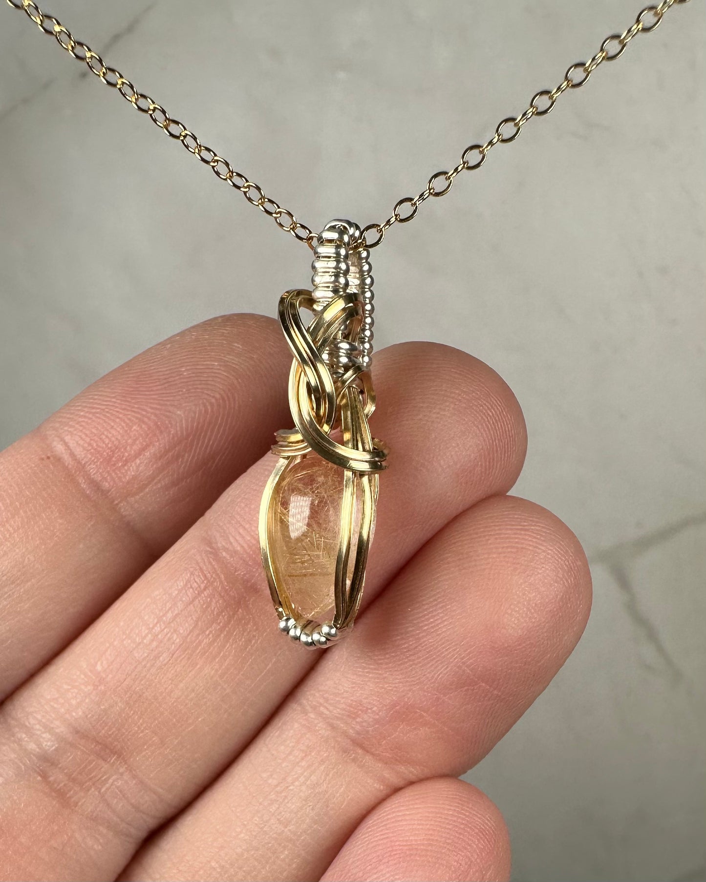 Wire-Wrapped Natural Gold Rutilated Quartz Pendant in 14k Gold-Fill Sterling Silver