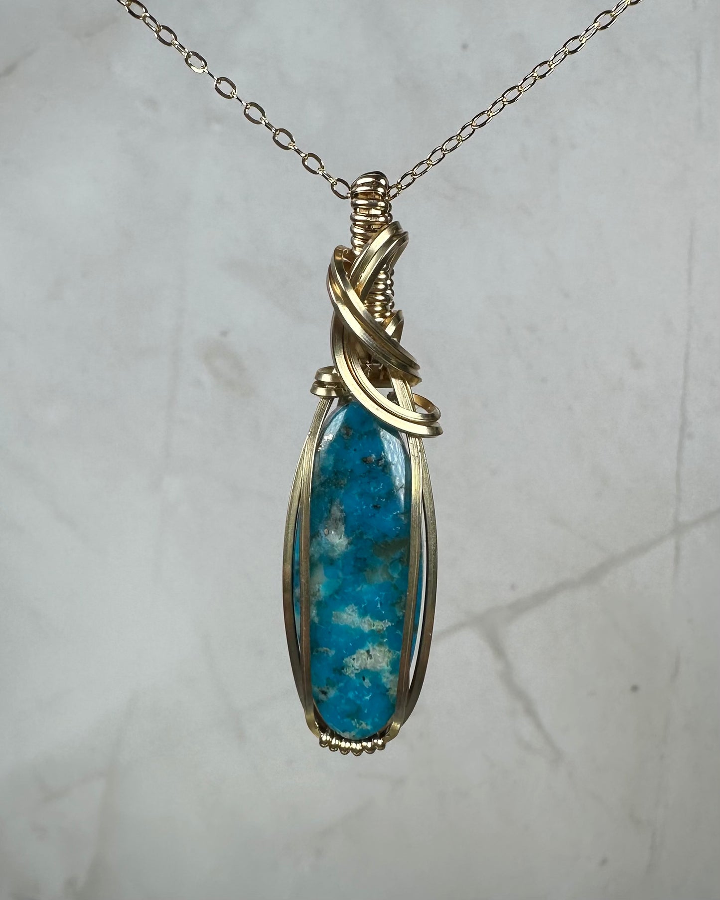 Wire-Wrapped Ithaca Peak Turquoise with Pyrite Pendant in 14k Goldfill