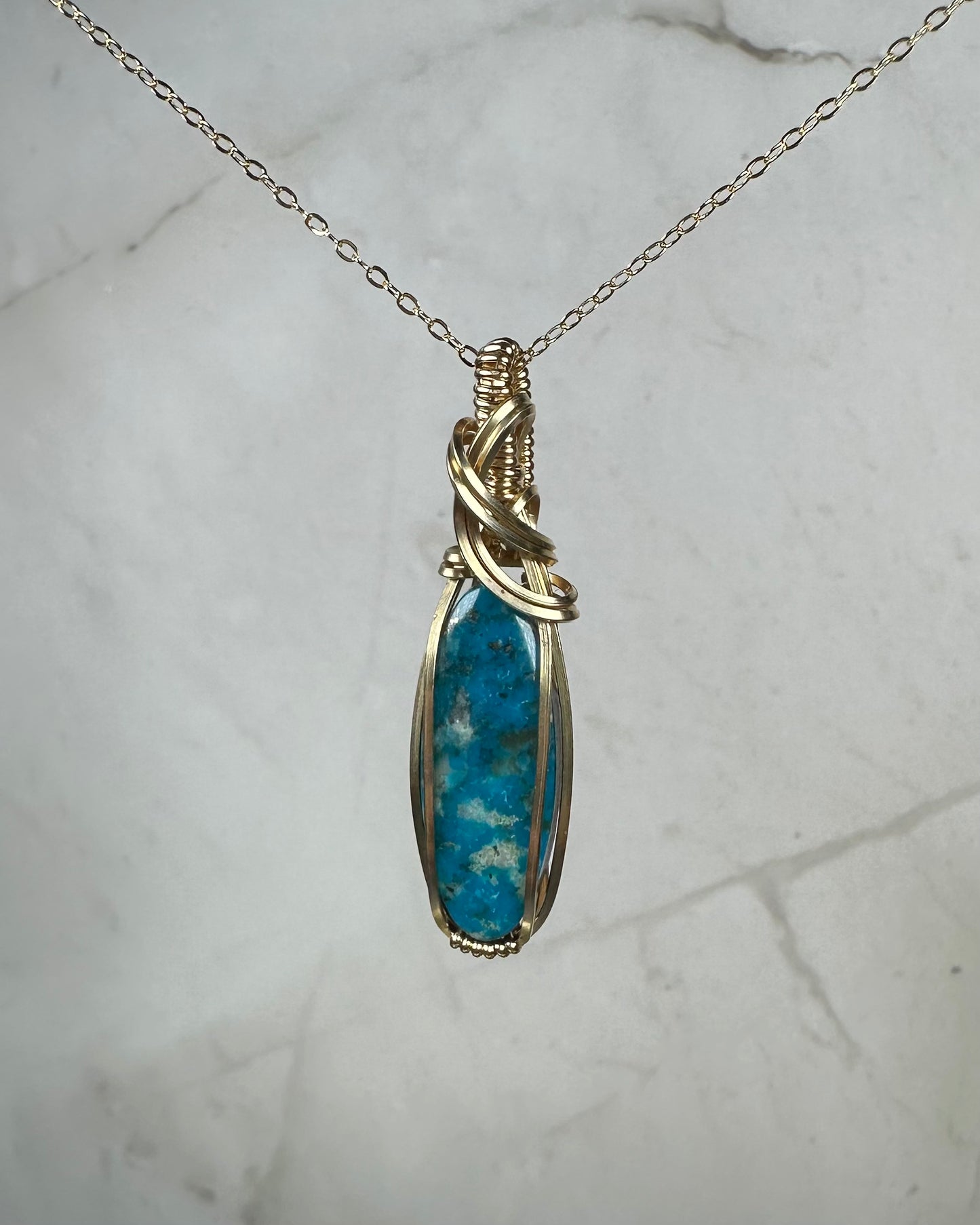 Wire-Wrapped Ithaca Peak Turquoise with Pyrite Pendant in 14k Goldfill